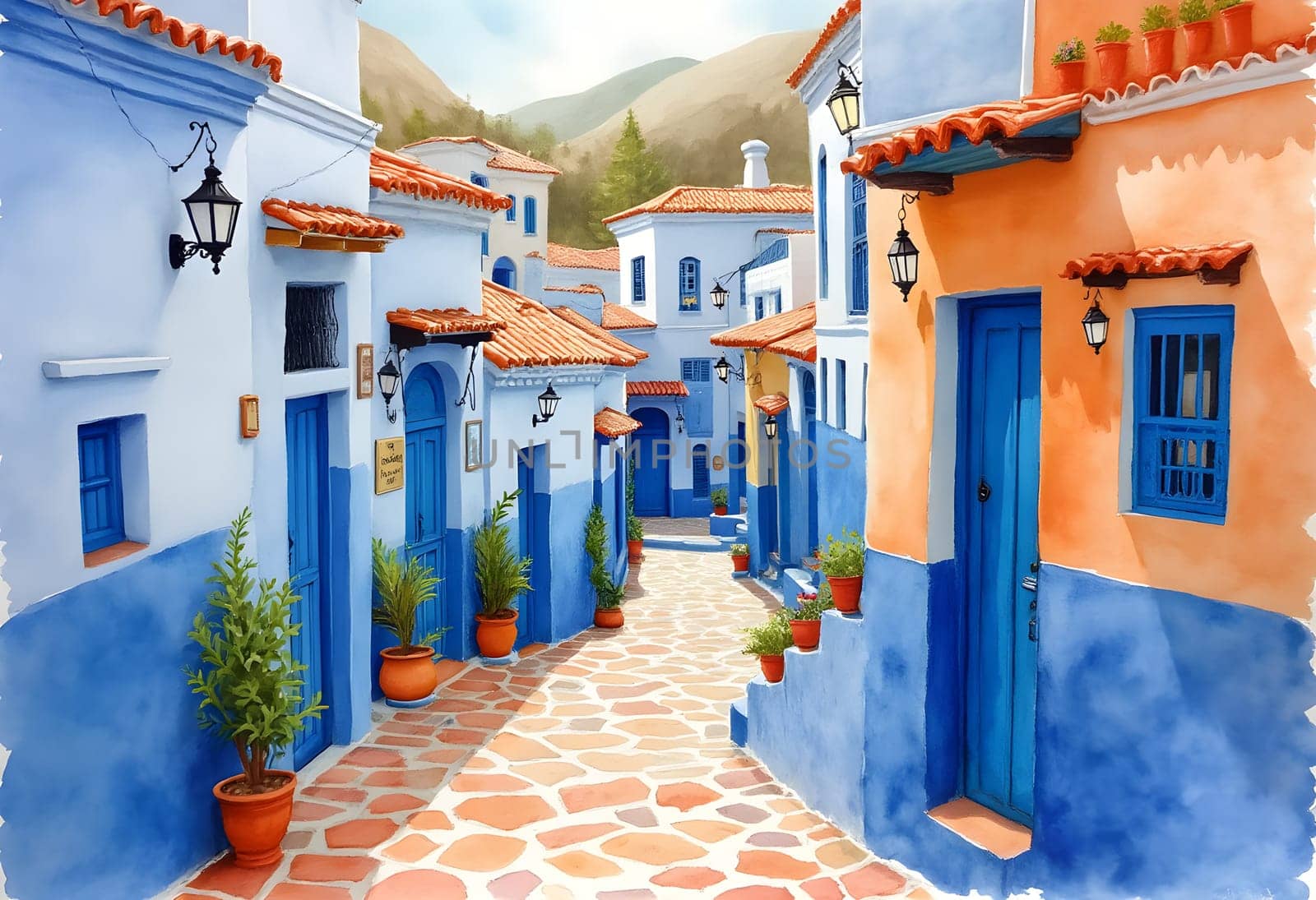 A watercolor painting of Chefchaouen’s iconic blue-painted buildings and narrow winding streets, capturing the vibrant charm of Morocco.