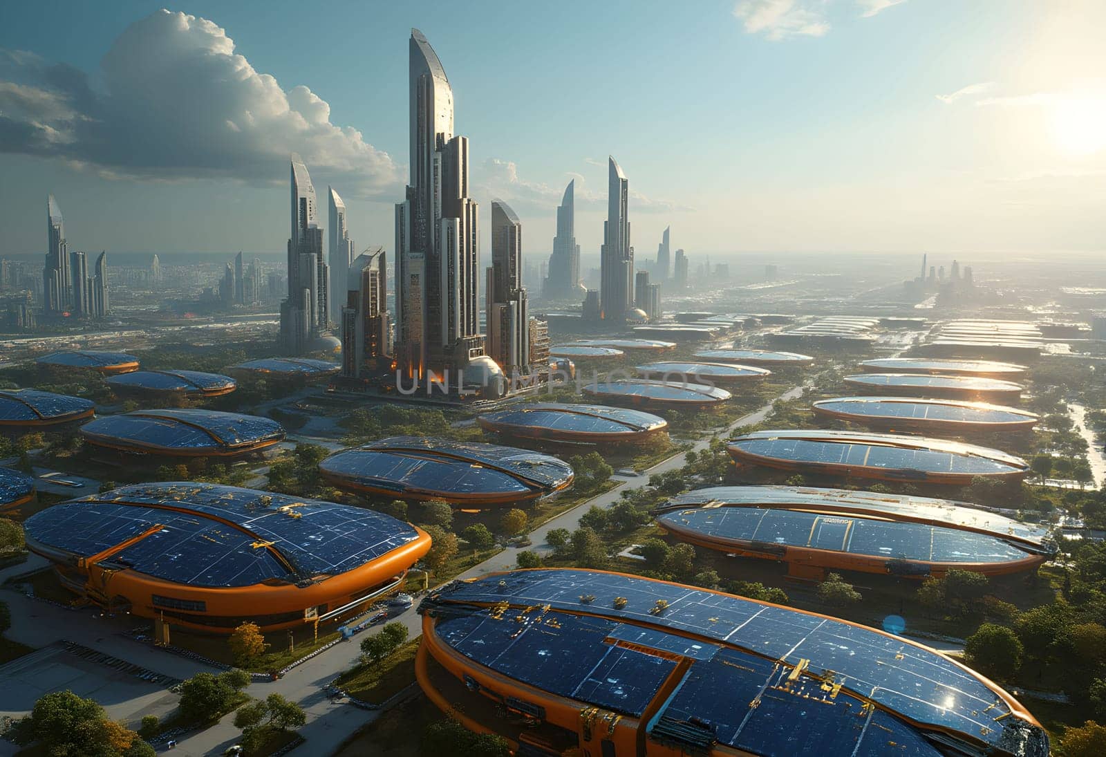 A visionary futuristic city powered by solar energy, featuring massive solar panels absorbing sunlight, promoting sustainability and green technology.