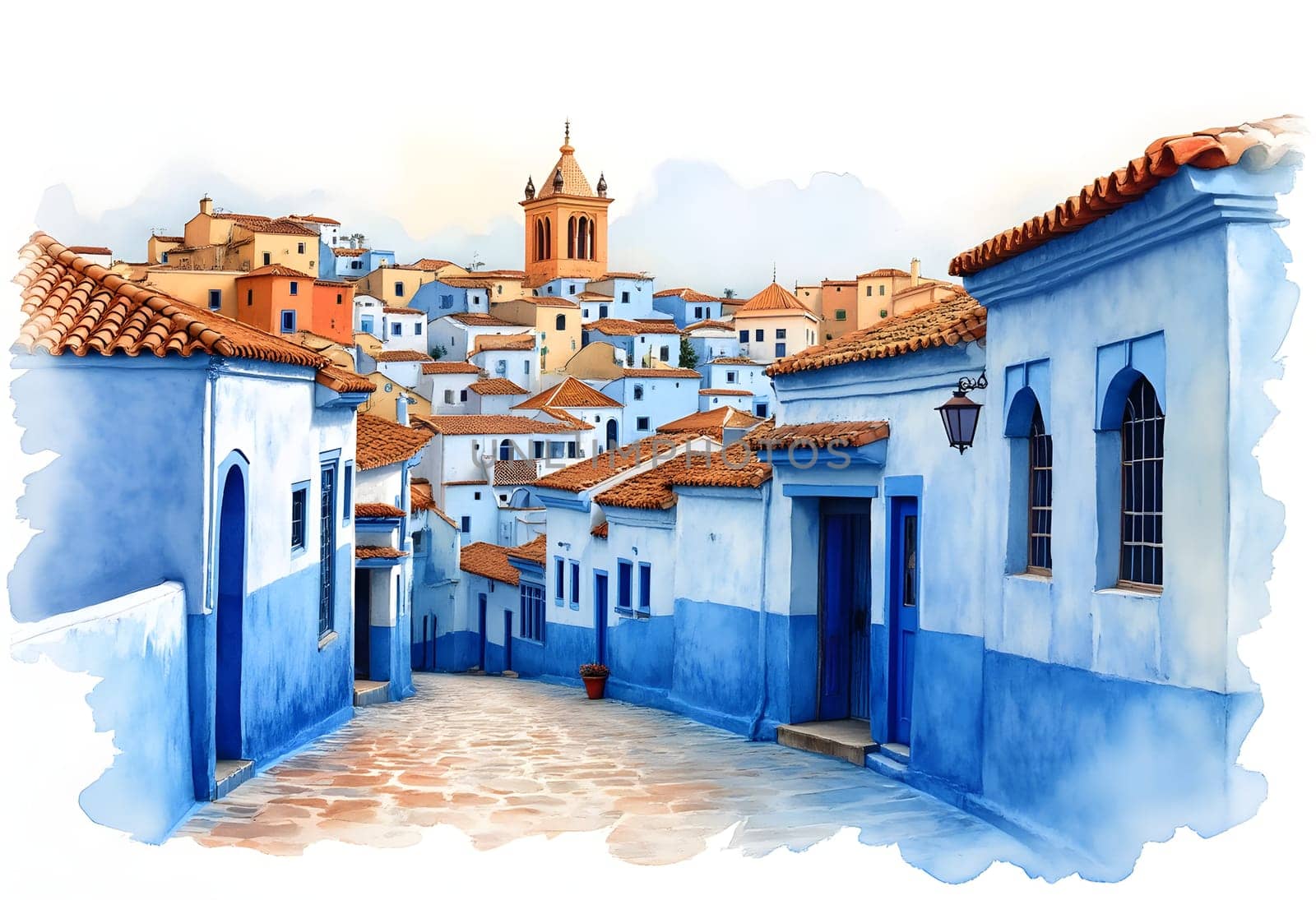 A watercolor painting of Chefchaouen’s iconic blue-painted buildings and narrow winding streets, capturing the vibrant charm of Morocco.