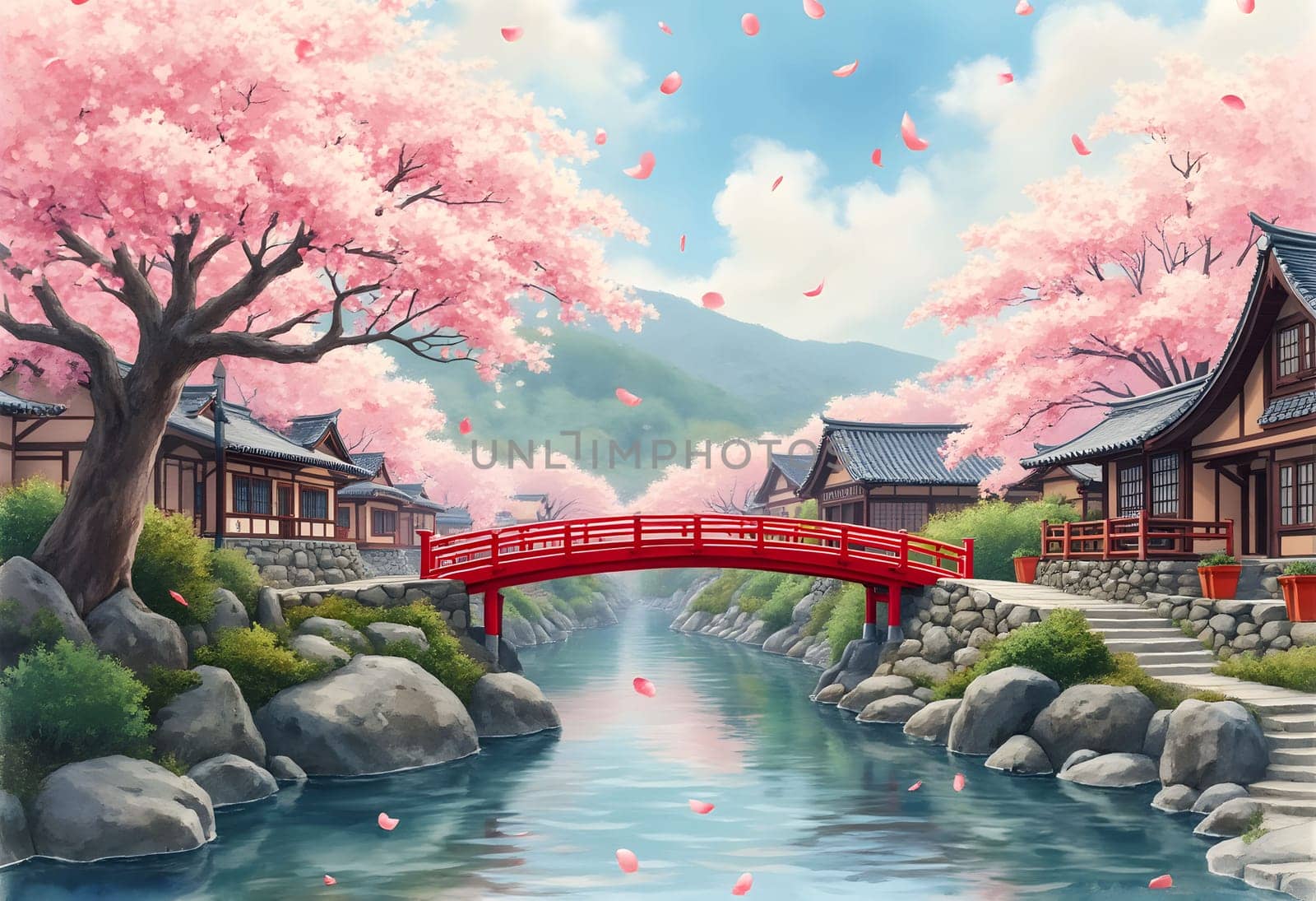 A soft watercolor scene of a Japanese onsen village in spring, with cherry blossoms in bloom and a red bridge over a river.