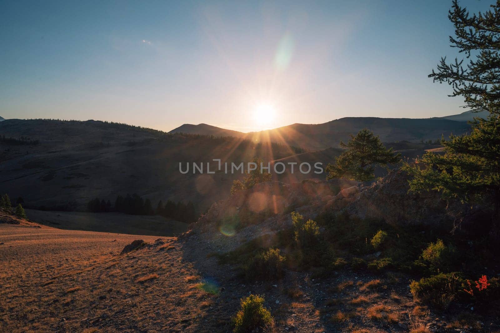 A breathtaking sunset over a rugged mountain landscape, casting warm golden light across hills, trees, and rocky terrain. Altai Mountains