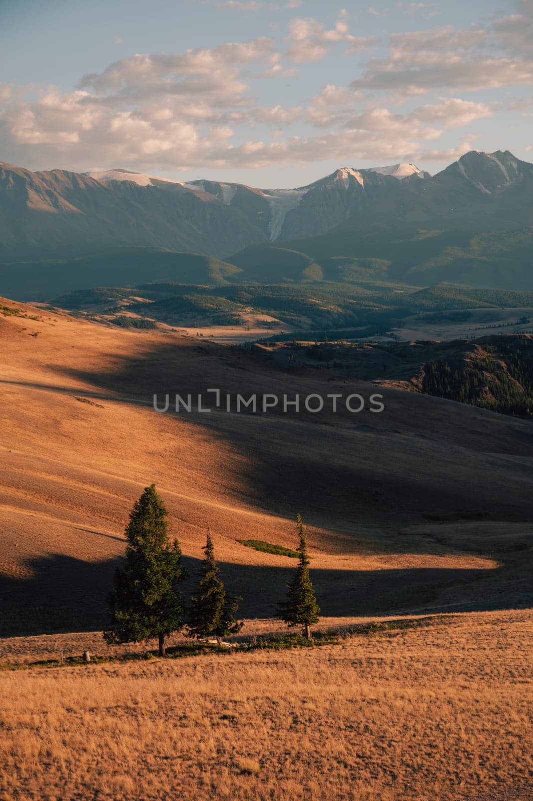 A breathtaking sunset over a rugged mountain landscape, casting warm golden light across hills, trees, and rocky terrain. Altai Mountains