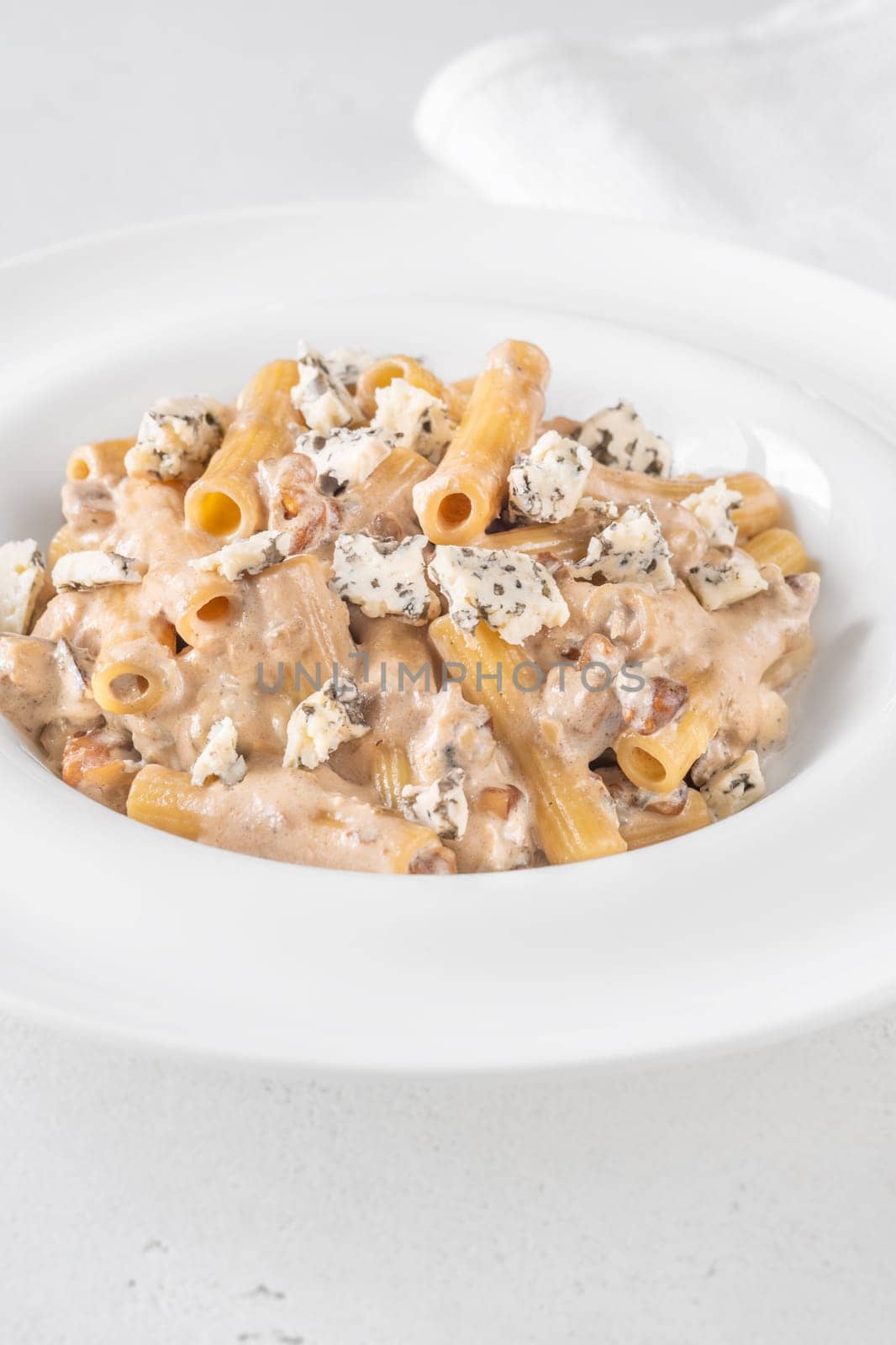 Soft penne coated in rich walnut sauce with crumbled sharp blue cheese