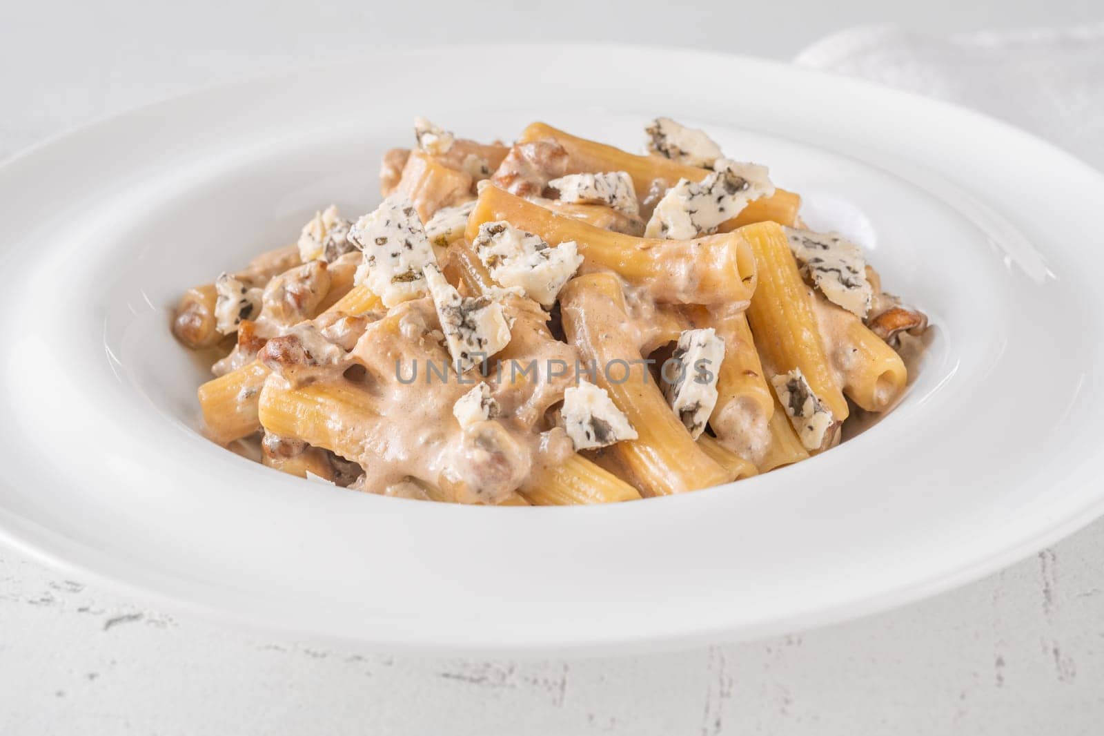 Soft penne coated in rich walnut sauce with crumbled sharp blue cheese