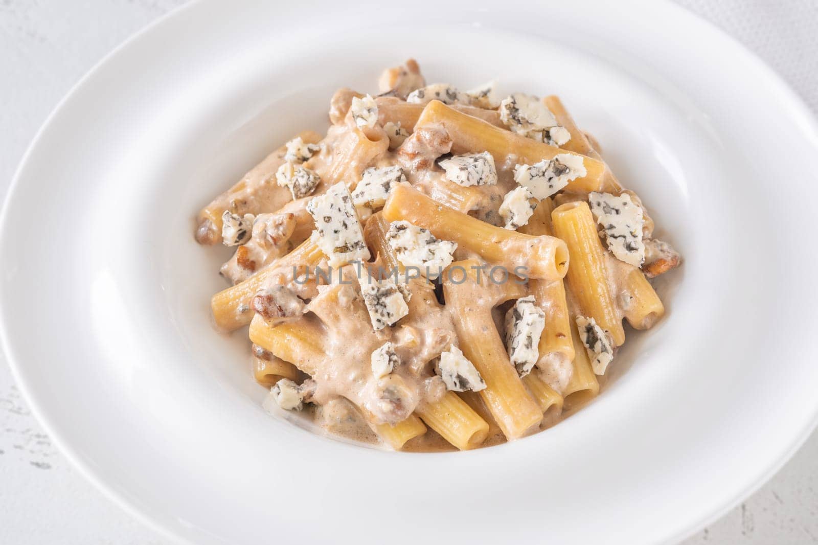 Soft penne coated in rich walnut sauce with crumbled sharp blue cheese