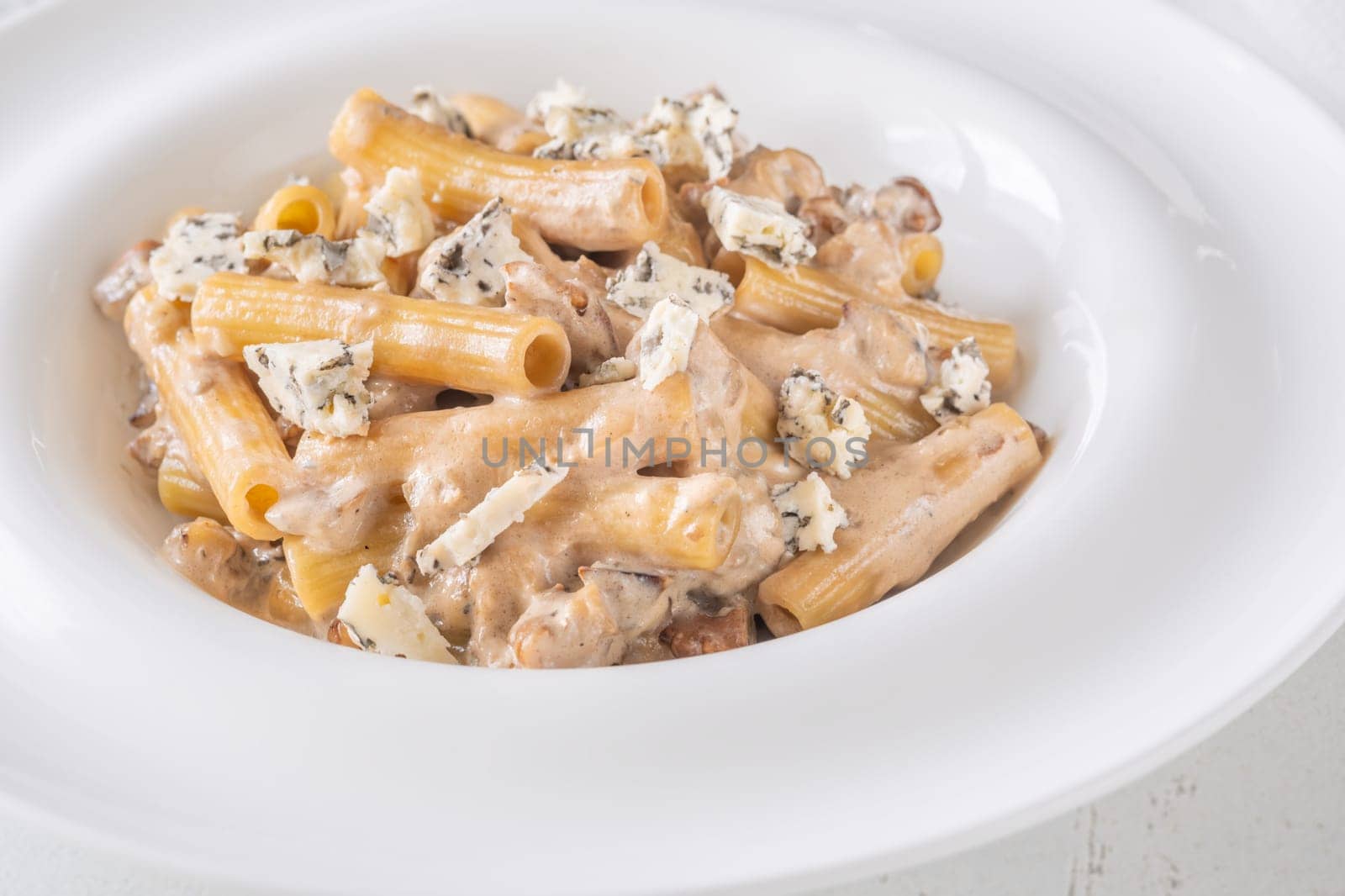 Soft penne coated in rich walnut sauce with crumbled sharp blue cheese