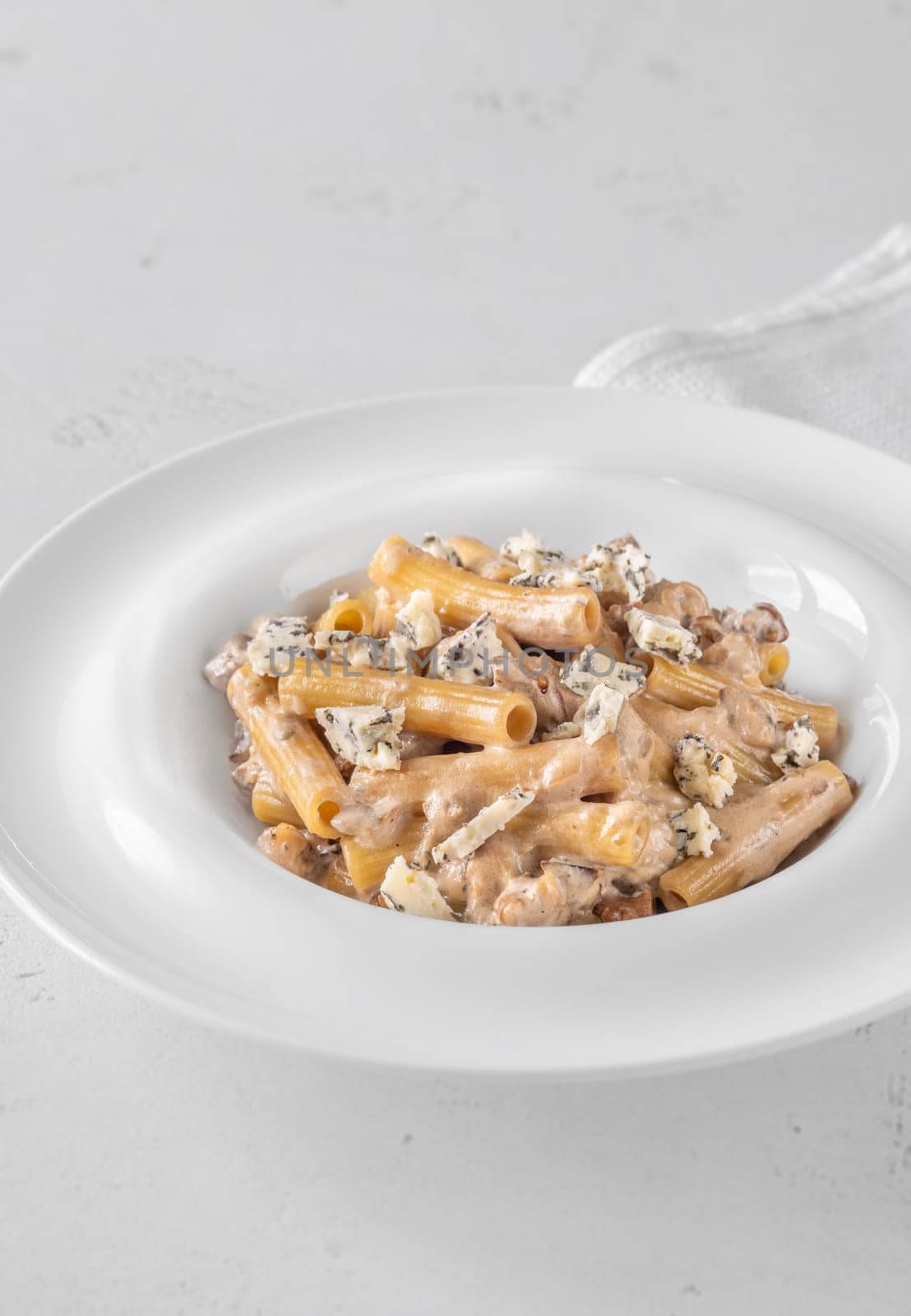 Soft penne coated in rich walnut sauce with crumbled sharp blue cheese