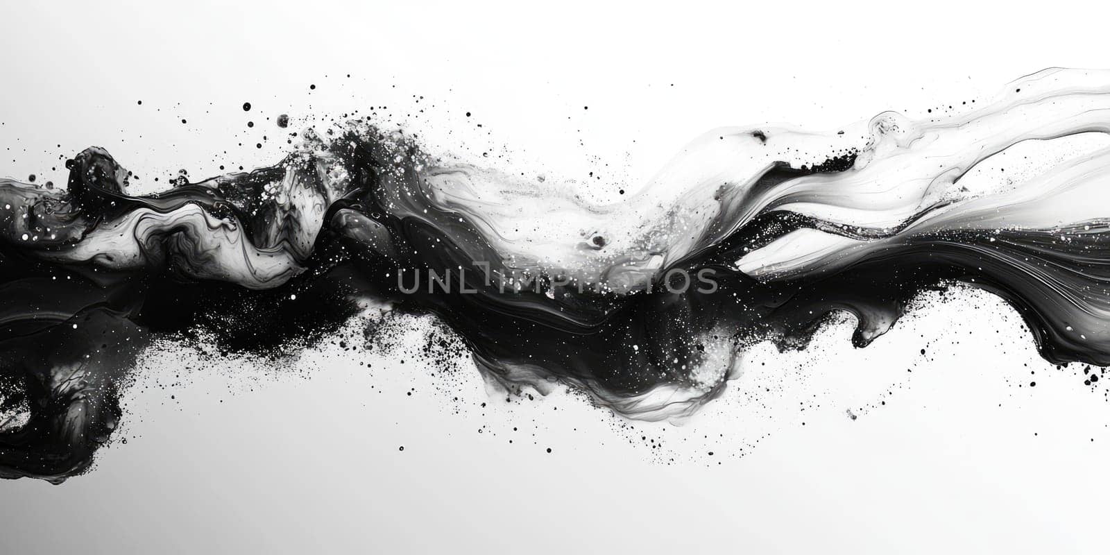 High contrast abstract background features flowing lines and ink splashes in monochrome black and white.