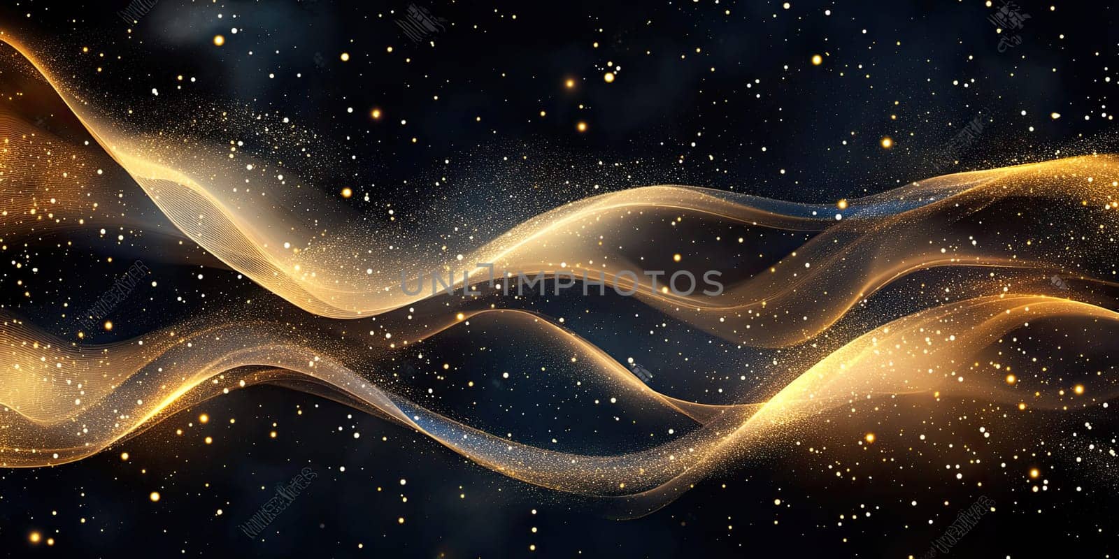 Smooth golden lines dance across a dark backdrop, interspersed with glittering dust particles that create an elegant and sophisticated aesthetic.
