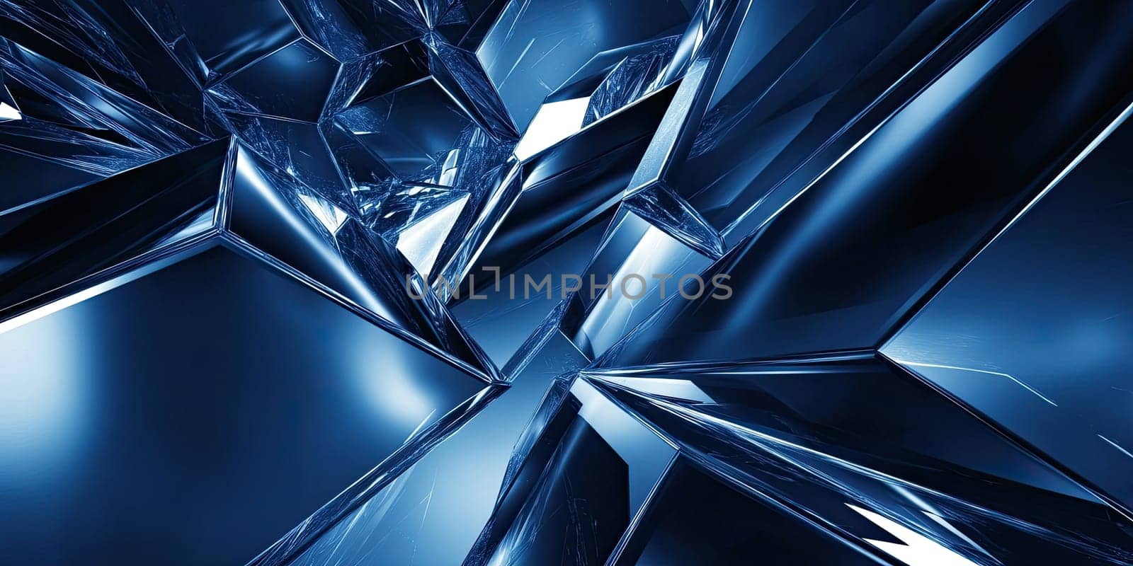 An abstract composition featuring a hexagonal pattern with smooth gradients in dark blue tones. The design includes metallic reflections and dynamic lighting for a modern and professional appearance.