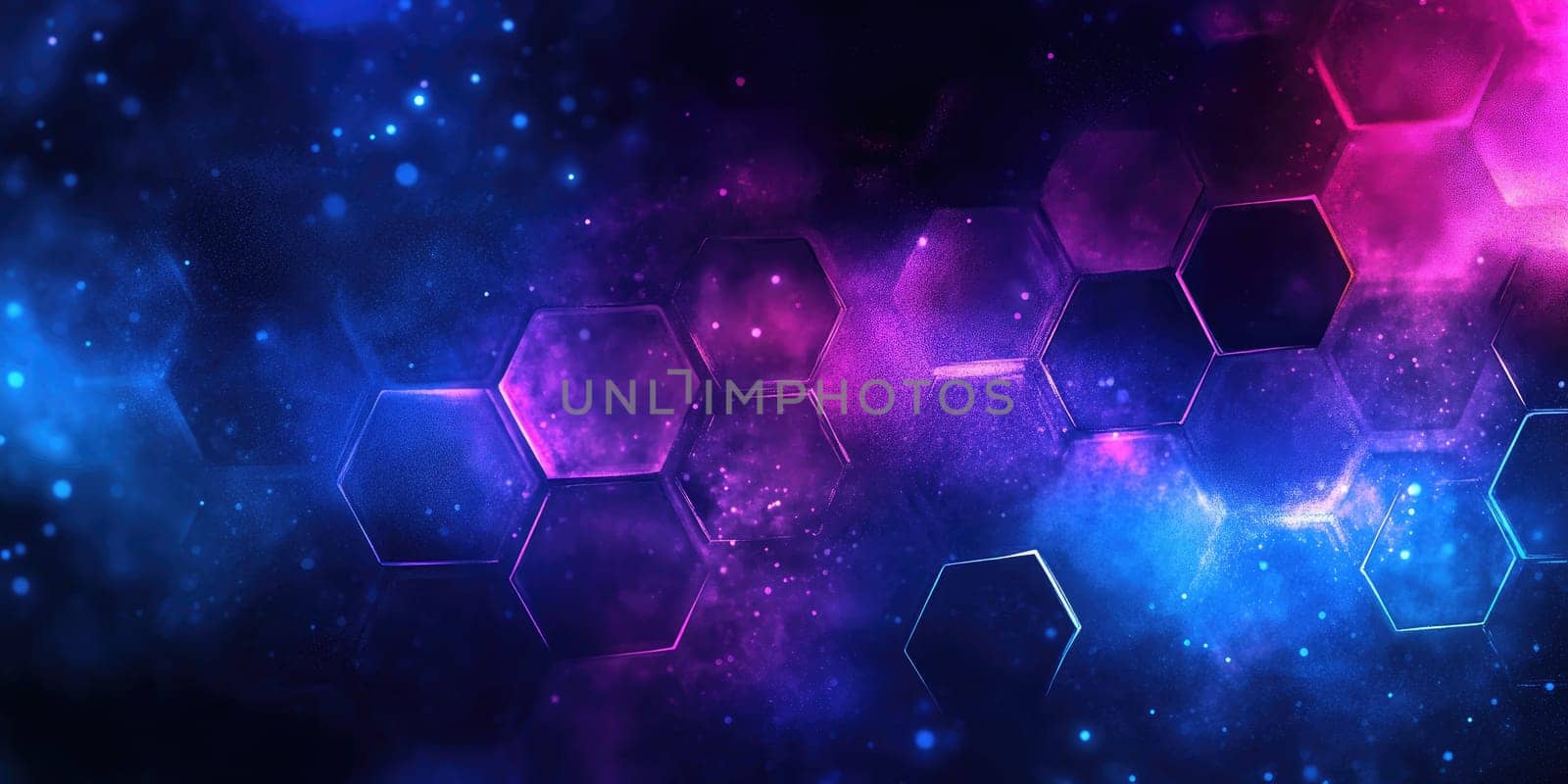 This abstract background features a striking hexagonal pattern combined with a soft watercolor texture. The vibrant blue and purple hues blend seamlessly, creating a fluid and modern aesthetic.