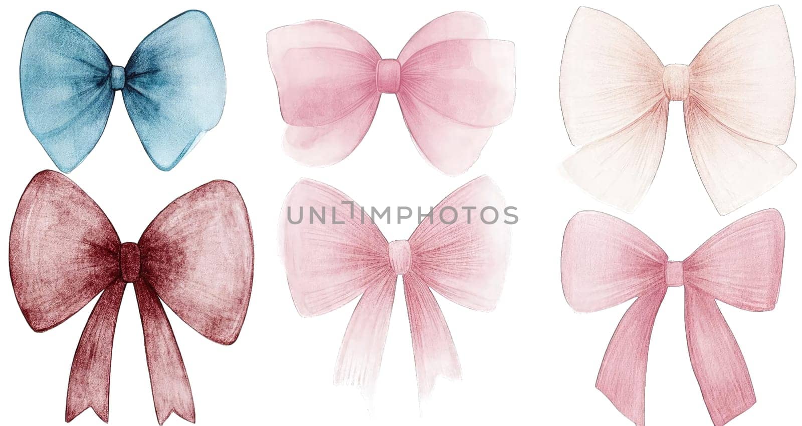 This collection features six watercolor bows in shades of blue, pink, and cream. Ideal for crafting, graphic design, and decorating projects, these artistic elements add charm and elegance.
