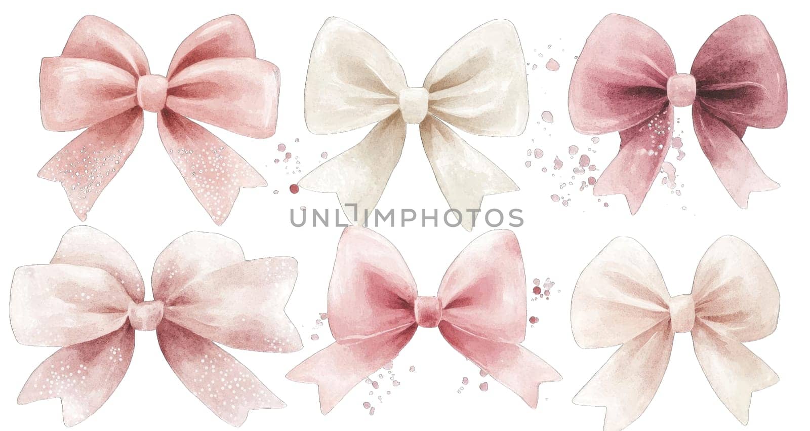 A collection of elegant decorative bows displayed in soft pastel shades of pink and white. The delicate watercolor style adds a touch of charm, perfect for festive occasions or craft projects.