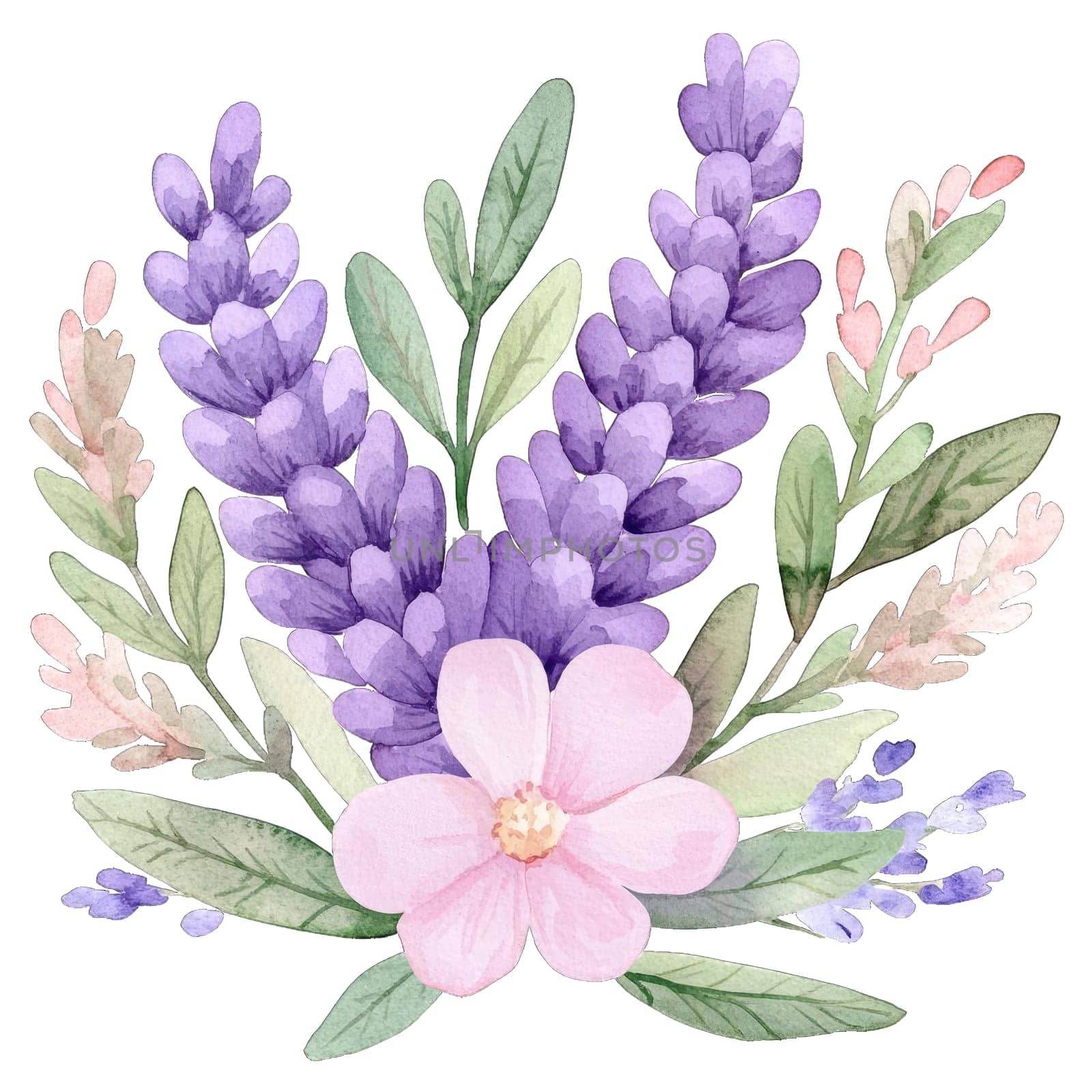 A delicate floral arrangement showcases vibrant lavender and soft pink flowers among lush green leaves. The watercolor style emphasizes the gentle beauty of nature, perfect for decoration.
