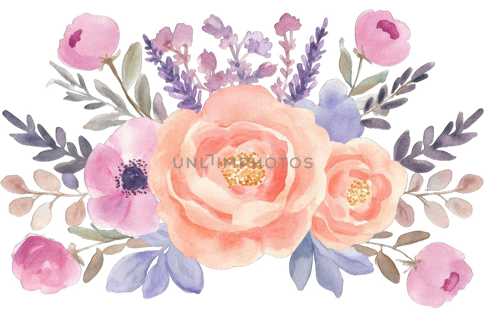 This artwork features a vibrant floral arrangement showcasing a variety of flowers in pastel shades. Blooming roses, peonies, and lavender create an elegant and charming display.