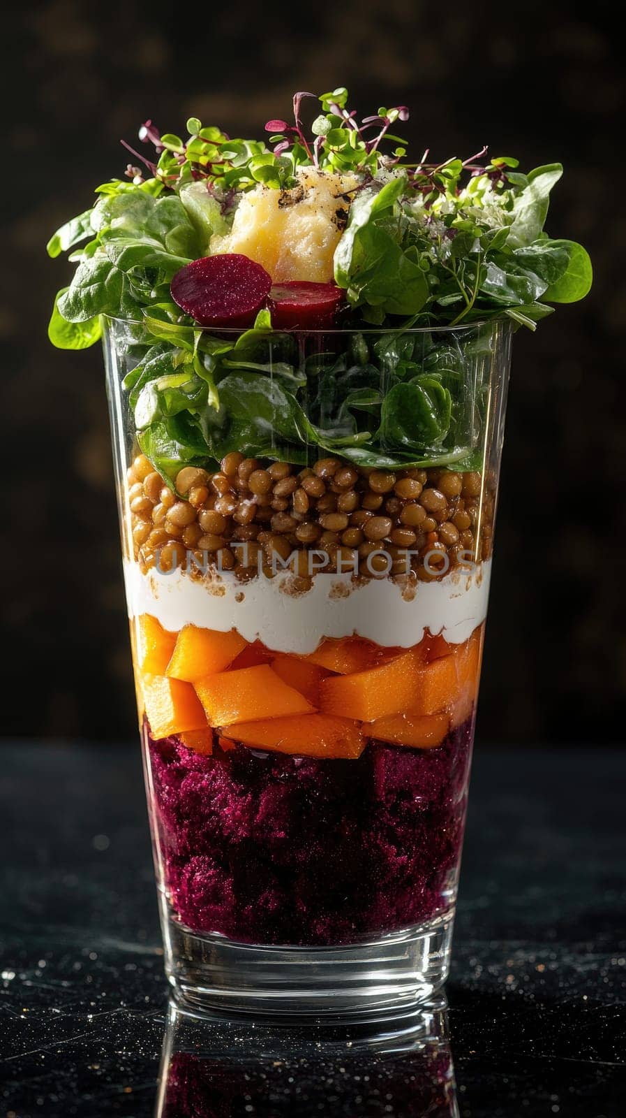 A deconstructed layered salad showcases colorful strata of beet, lentils, baby spinach, and yogurt foam. Set against a reflective surface, the gentle lighting highlights its artistic presentation.