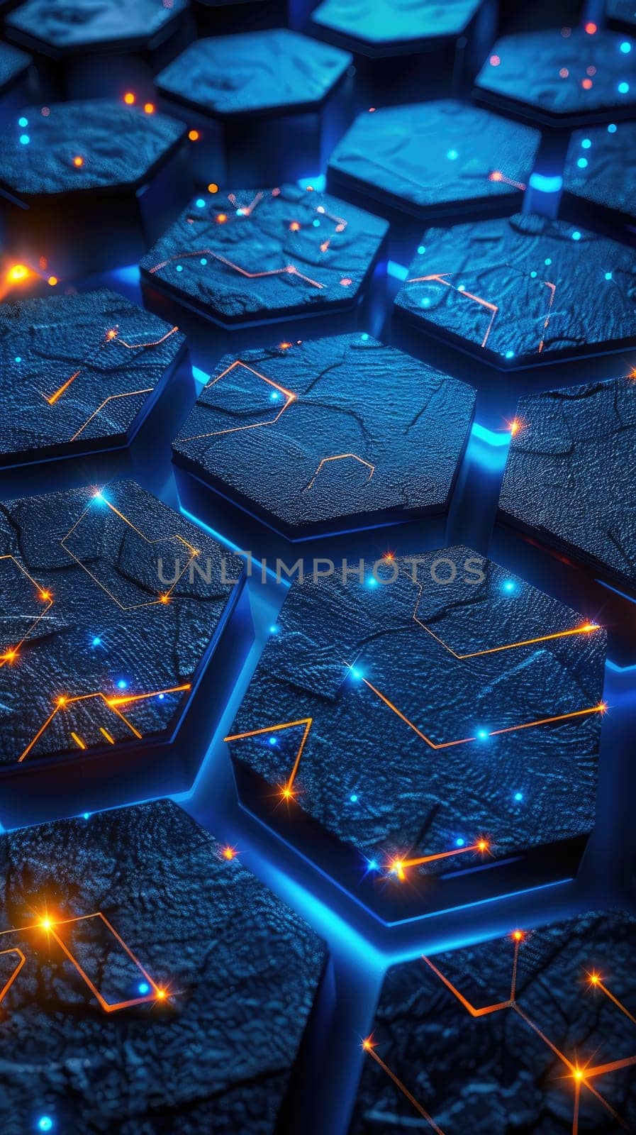 A high-tech background features a hexagonal pattern illuminated by glowing blue neon lines. Dark contrast enhances sharp details, creating a modern and minimalistic cyber aesthetic.