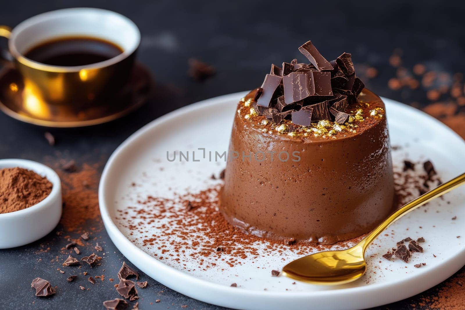 This dessert features a perfectly smooth dark chocolate mousse with a glossy mirror glaze, topped with chocolate shavings, set on a white plate alongside espresso and cocoa powder.