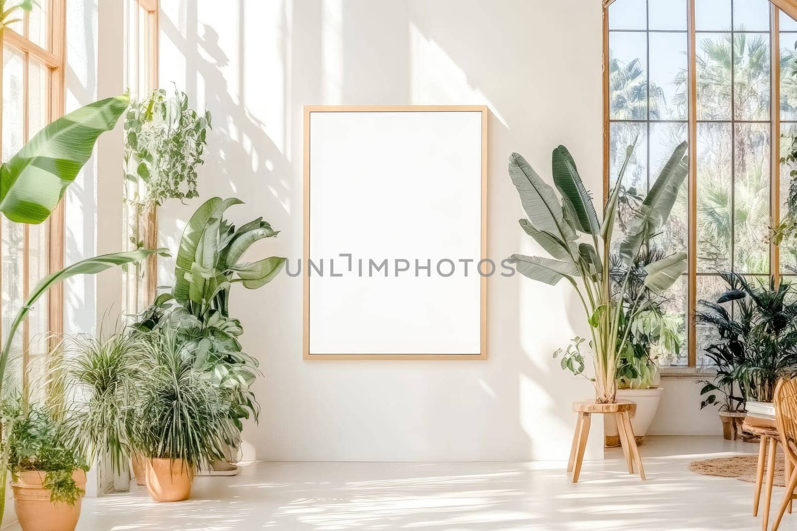 Bright sunlight floods a peaceful indoor area filled with lush greenery. A blank frame on the wall invites artistic inspiration in this tranquil setting.