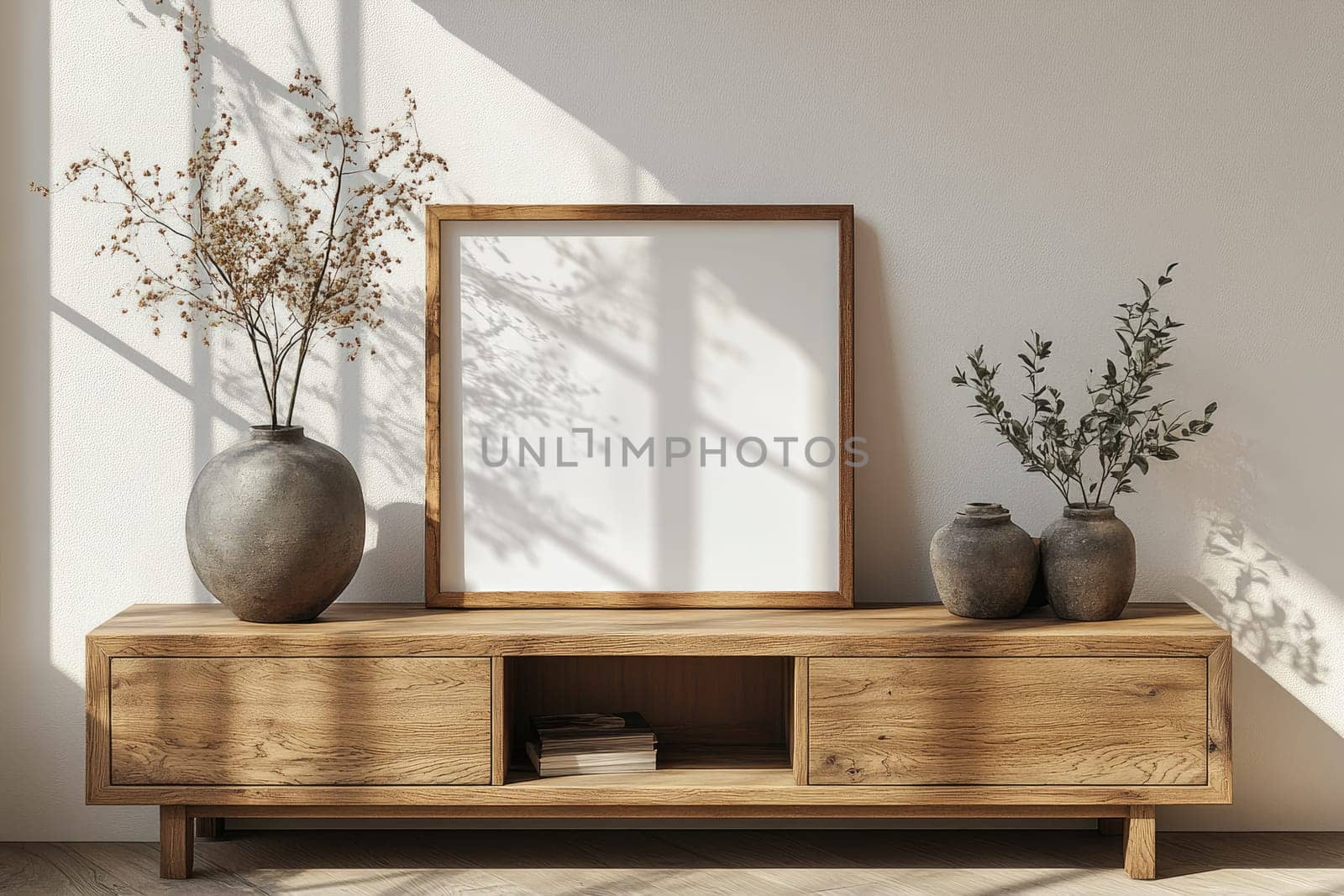 A blank white poster rests in a wooden frame on a light wood sideboard. Ceramic vases and a small sculpture decorate the space, highlighted by soft lighting and a minimalistic composition.