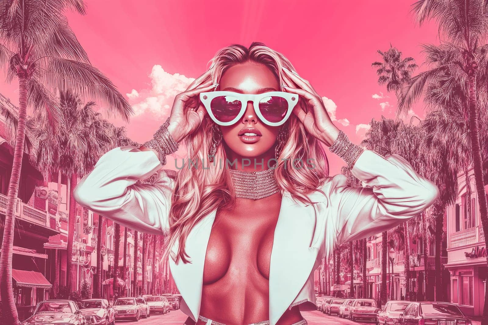 A glamorous blonde in stylish white sunglasses gracefully adjusts her eyewear amidst a backdrop of vintage travel posters and palm-lined streets, capturing a timeless and chic aesthetic.