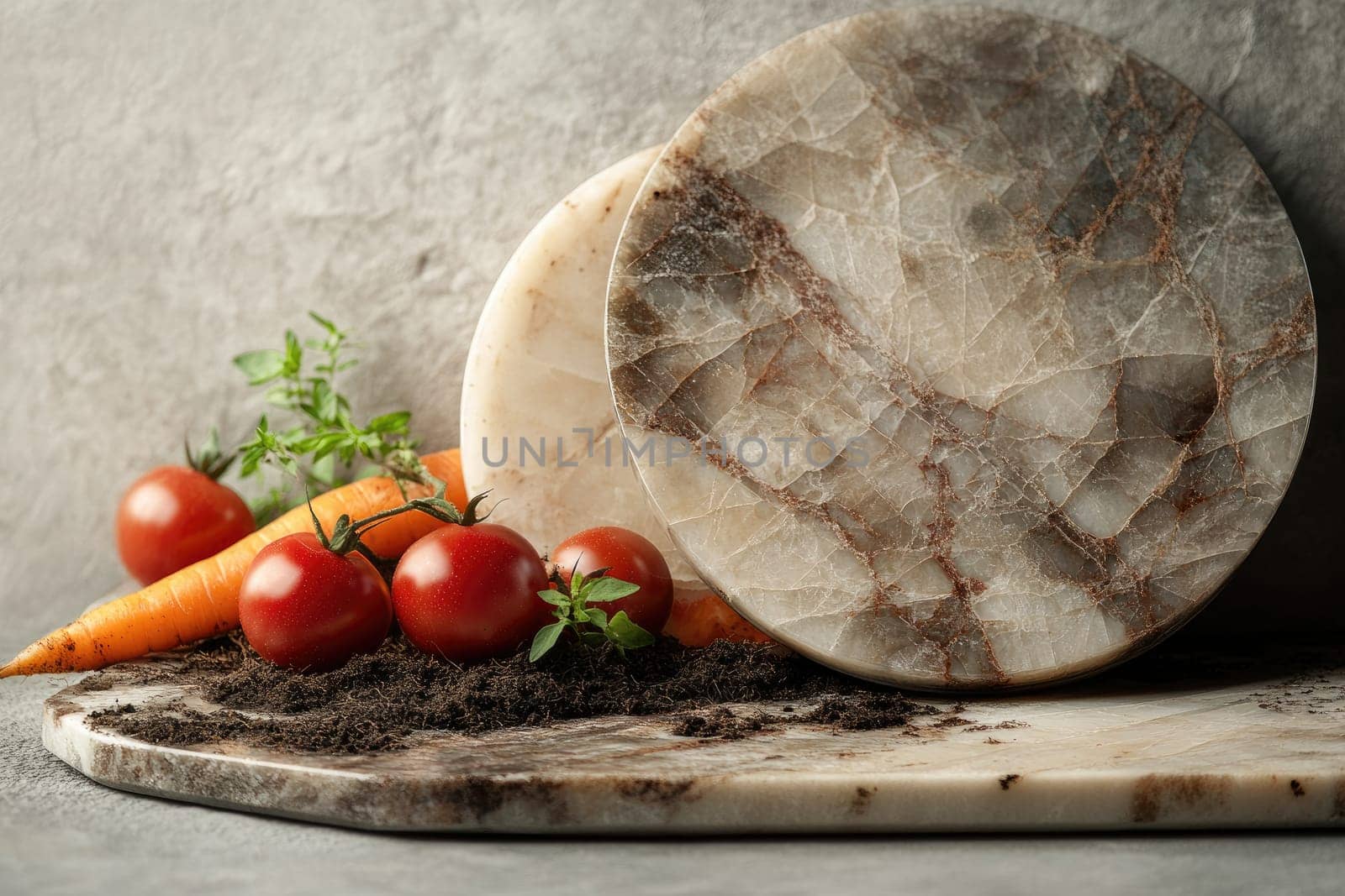 Local farm products are artfully arranged on a textured stone surface. Heirloom tomatoes and rainbow carrots are complemented by rustic herbs, evoking farm-to-table freshness with earthy tones.