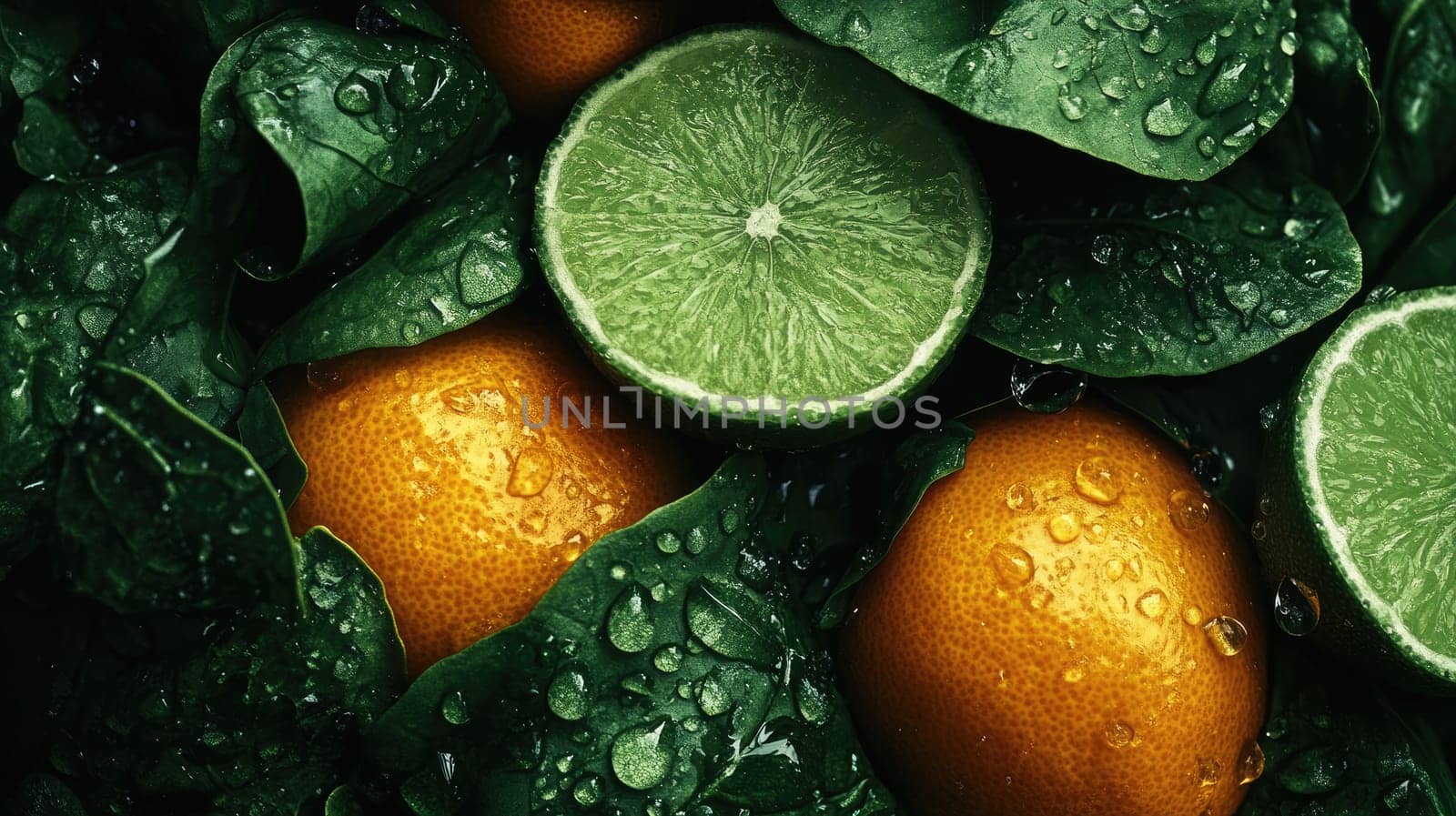 Spritzed with citrus droplets, this rich green backdrop showcases intimate details of leafy greens alongside bright orange and lime fruits, emphasizing seasonal freshness and natural textures.