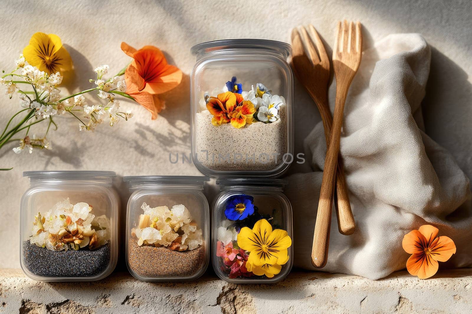 Salads are elegantly arranged in transparent containers, showcasing vibrant edible flowers and crunchy seeds.