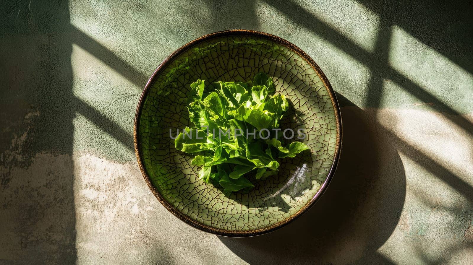 Leafy greens rest in a ceramic dish with a crackled glaze. Sunlight streams through a windowpane, casting intricate shadows on the surface. This evokes a quiet, slow food moment.