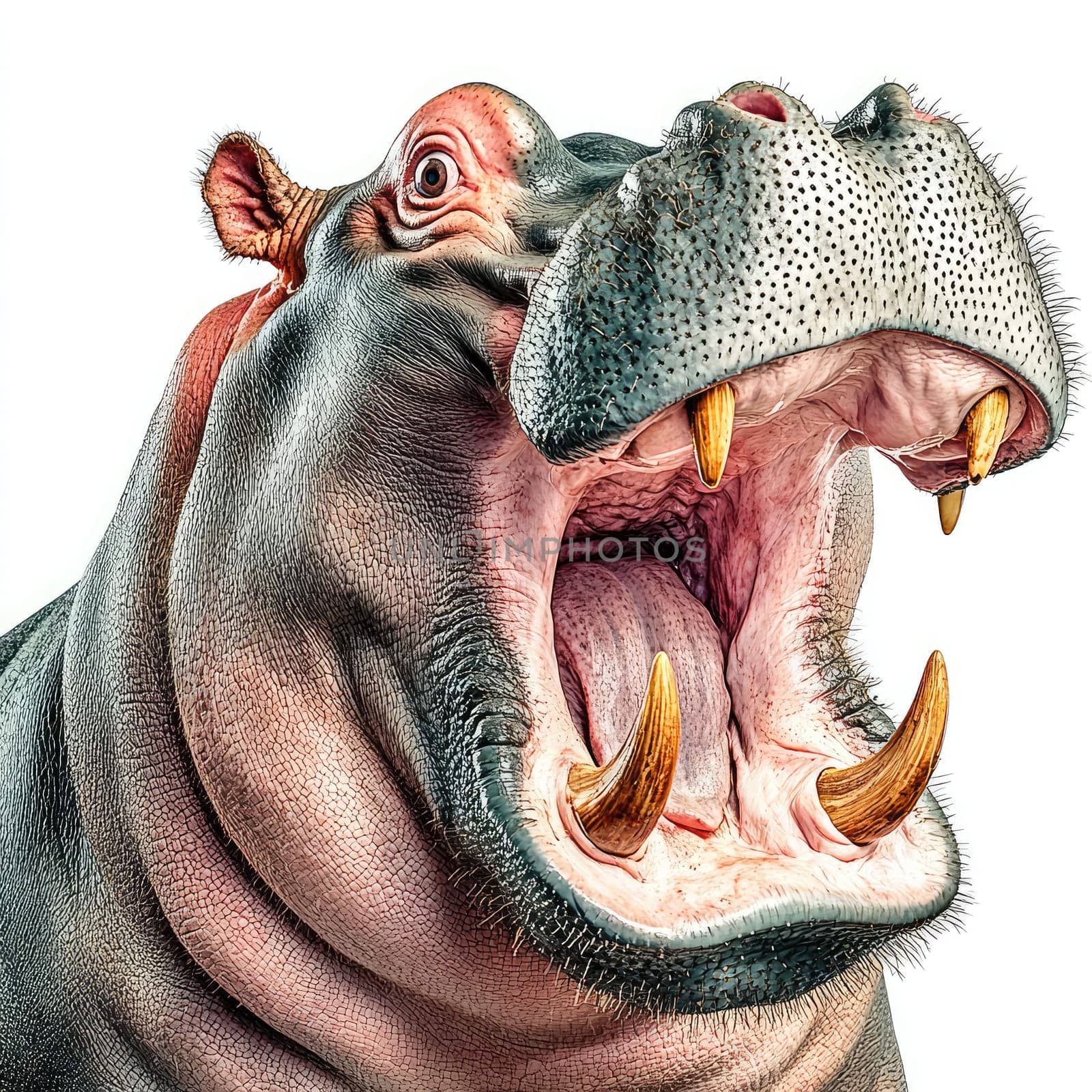 A massive hippopotamus showcases an aggressive expression with its mouth wide open, revealing sharp teeth.