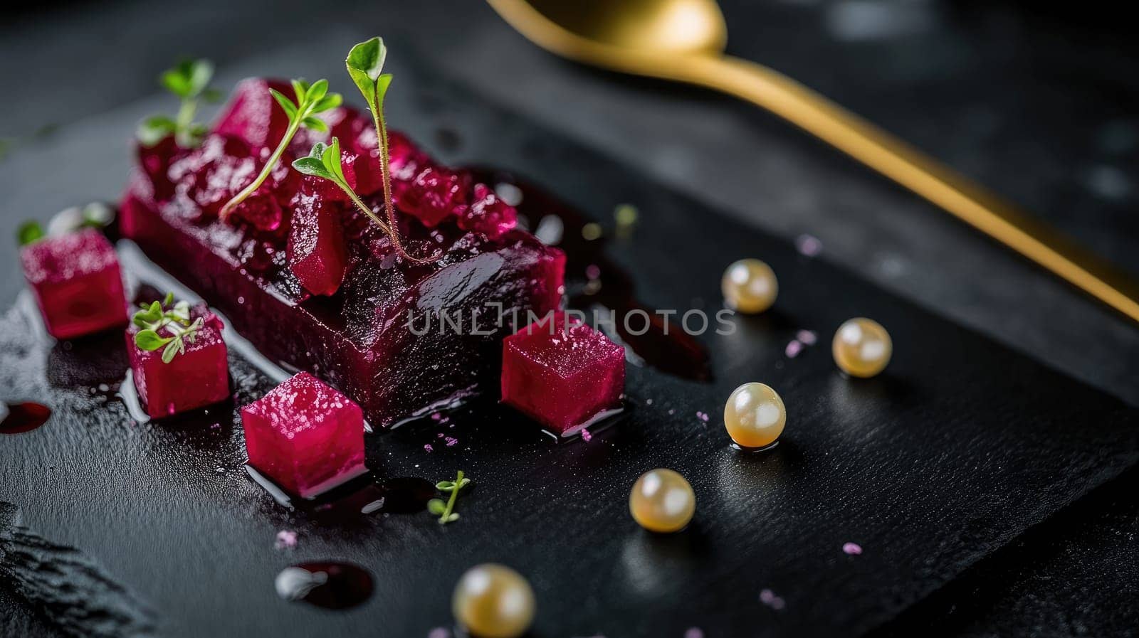 Close focus on a luxurious arrangement of fermented plum and beetroot cubes paired with kombucha pearls. Styled on a black slate plate with a single elegant gold spoon, creating a refined atmosphere.