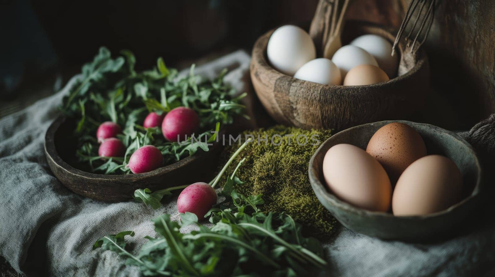A collection of fresh farm produce features eggs, butter radish, and arugula, beautifully arranged on textured linen. Natural moss accents enhance the rustic aesthetic and vintage tones.