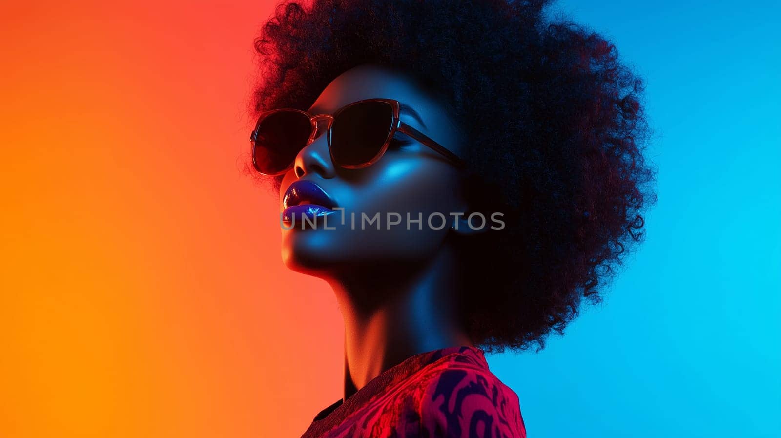 Beauty stylish portrait of fashion young African woman with sunglasses, beautiful trendy female model posing on vivid studio background
