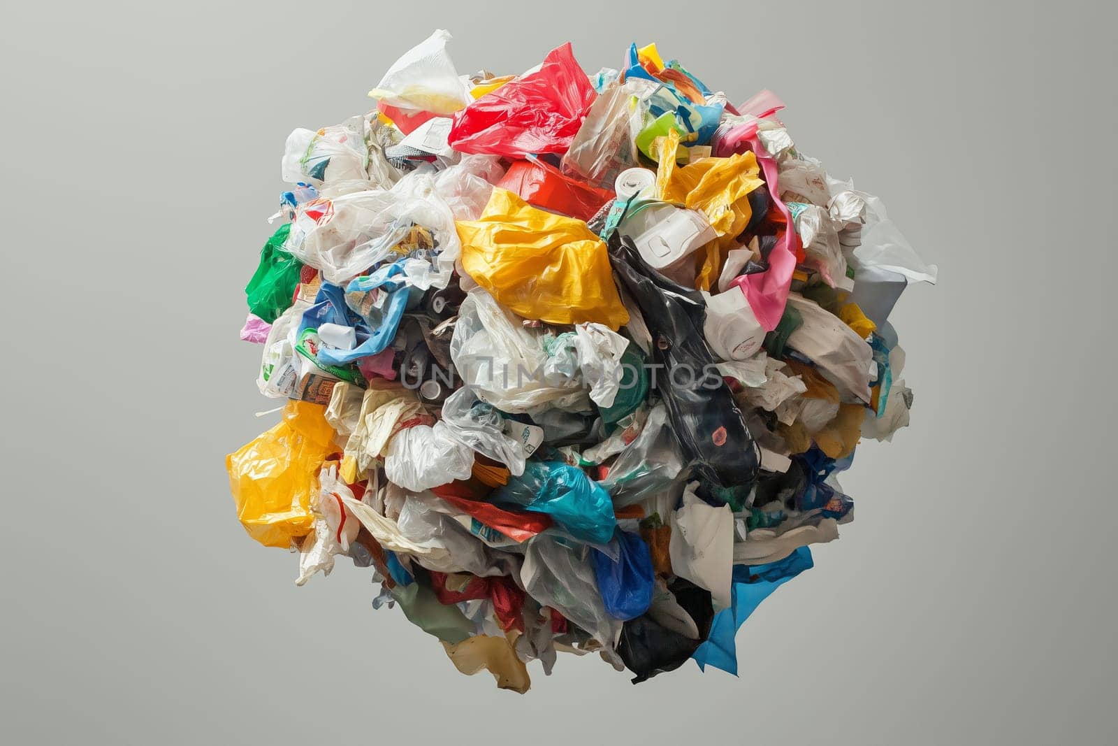 Problems of ecology, environment, a globe, planet earth of tightly packed garbage, vibrant colors, plastic bottles, food waste, packaging materials, organic refuse, in the air, gray background