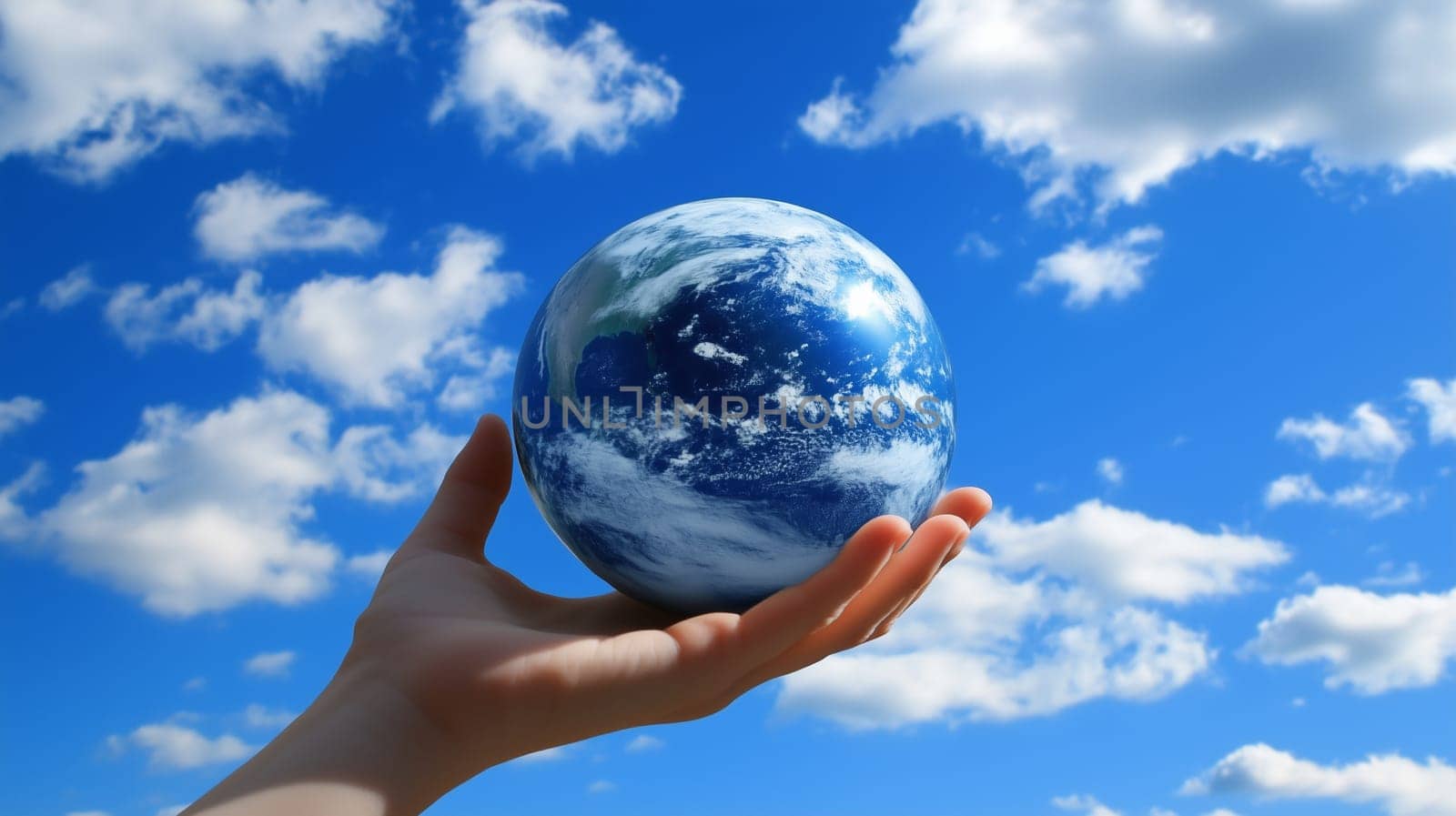 Ecology, environment concept, a hand holds a blue globe, planet earth against a clear sky background
