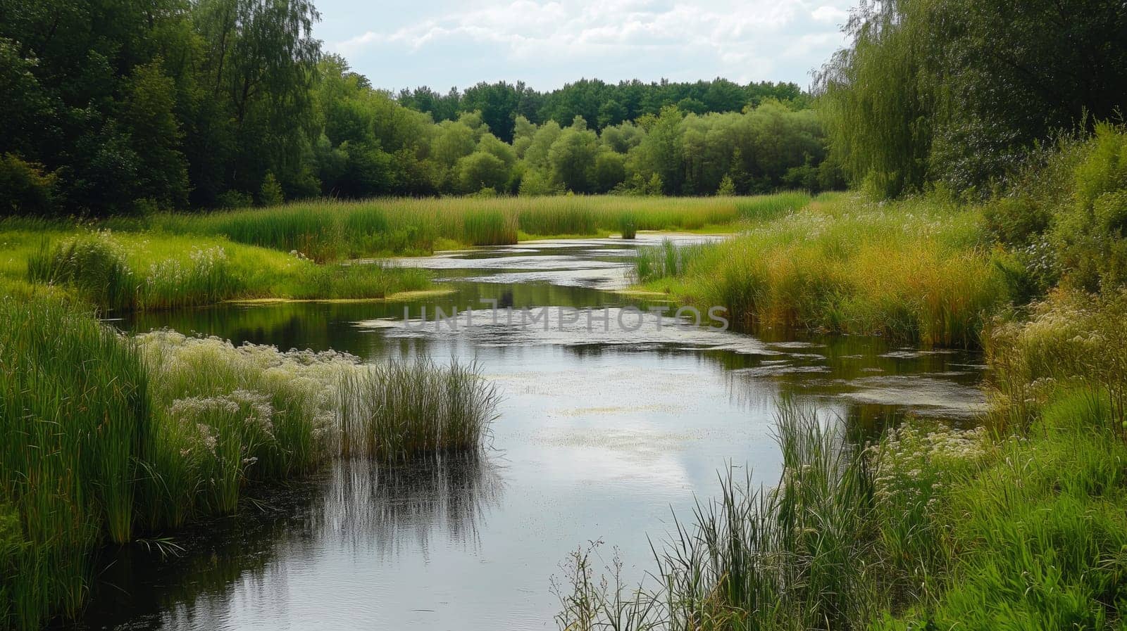A calm river flows between green banks under a cloudy sky, surrounded by lush vegetation and forest