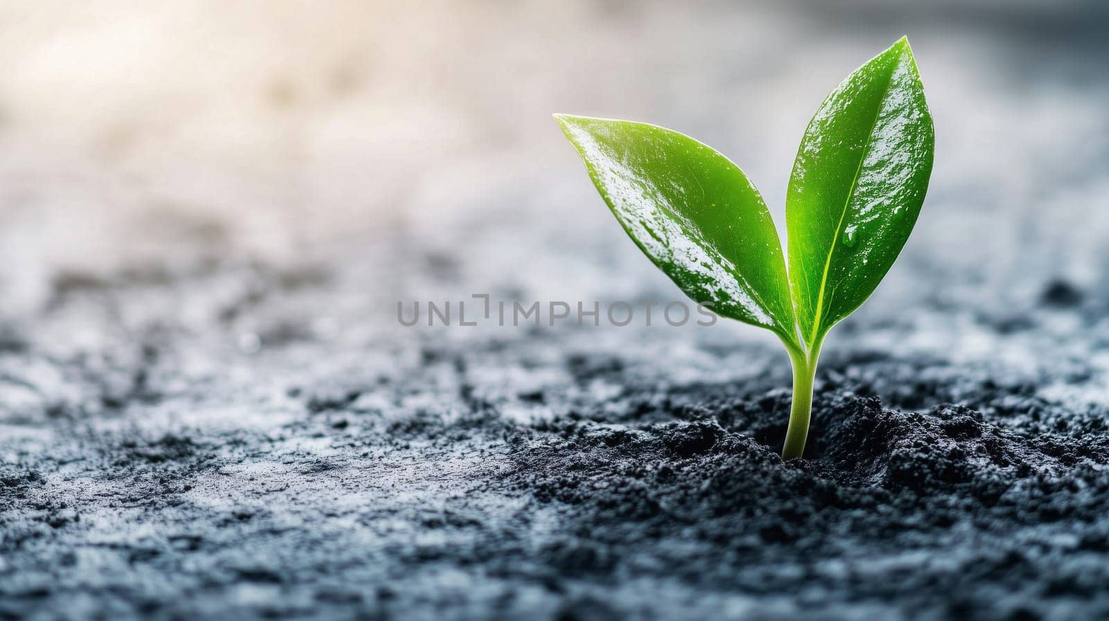 A small green sprout emerges from wet soil, new beginnings and natural cycles