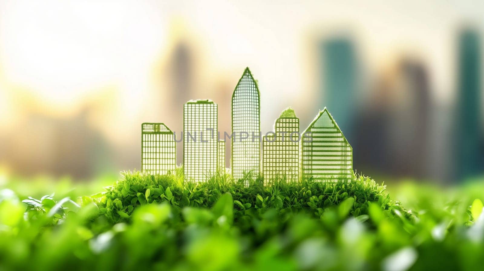 A miniature city made of glassy green buildings sits on lush grass, showing an eco-friendly urban future