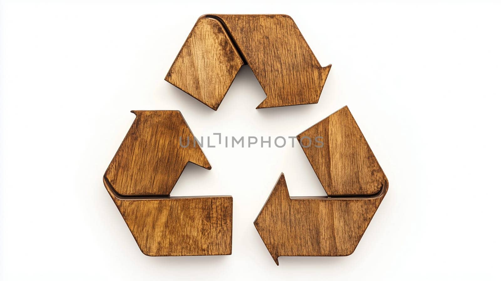 A wooden recycling symbol placed isolated on a white background, sustainability and eco-awareness, ecology, recycle concept
