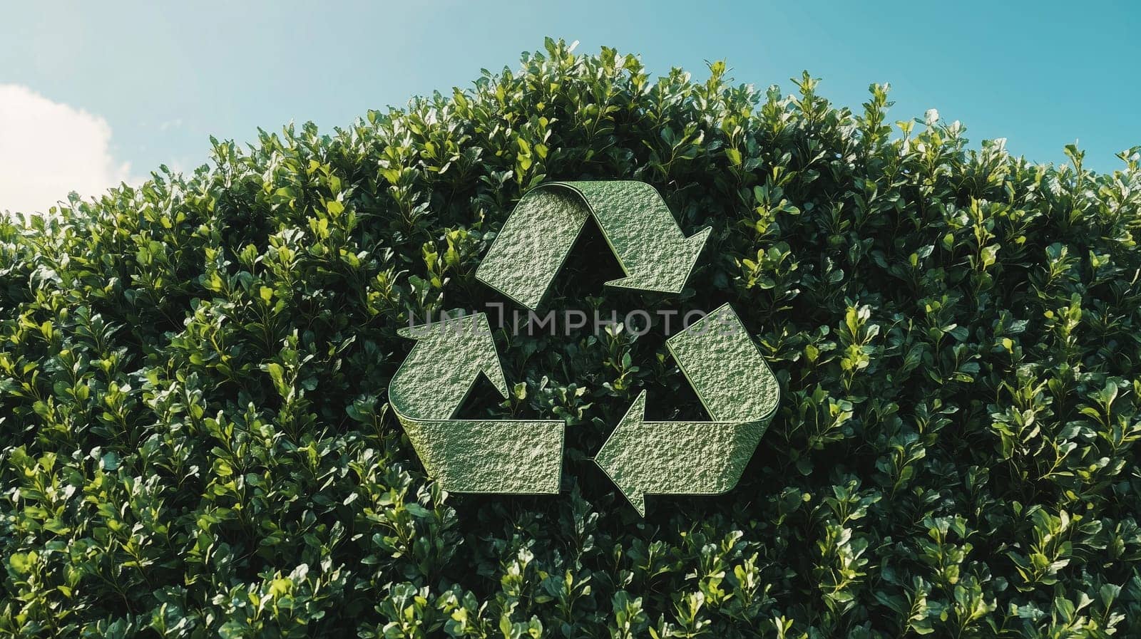 A green recycle symbol is crafted from leaves inside a trimmed hedge, sustainability and eco-awareness, ecology, recycling concept
