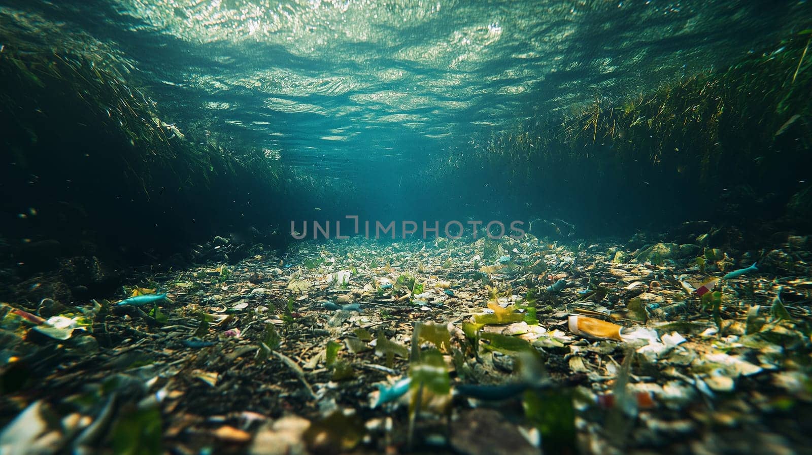 A polluted underwater view full of plastic waste, impact of human actions