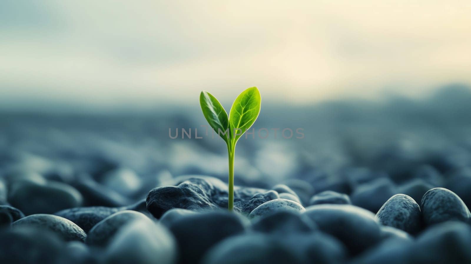 A small green sprout emerges from soil, surrounded by stones, new beginnings and natural cycles