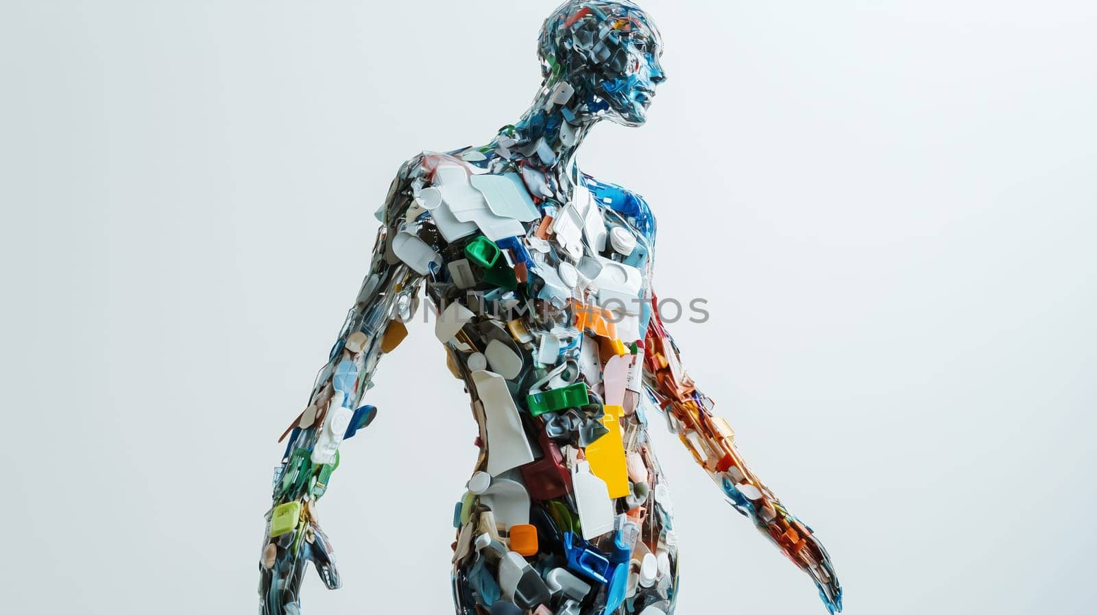 A human figure sculpture from mixed plastic trash stands against white background