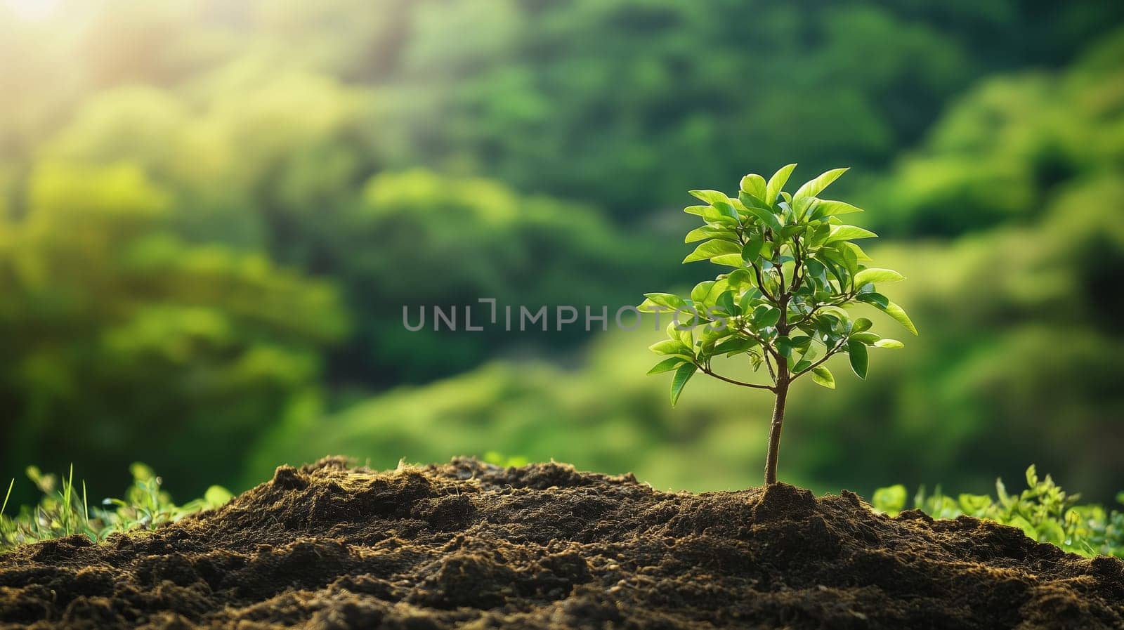 A bright young tree grows from soil under warm sunlight in a lush forest setting, symbolizing new life