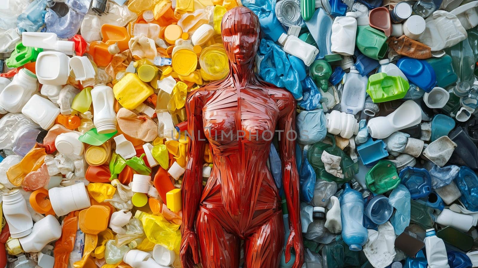 A red human figure sculpture stands against a vivid wall of mixed plastic trash