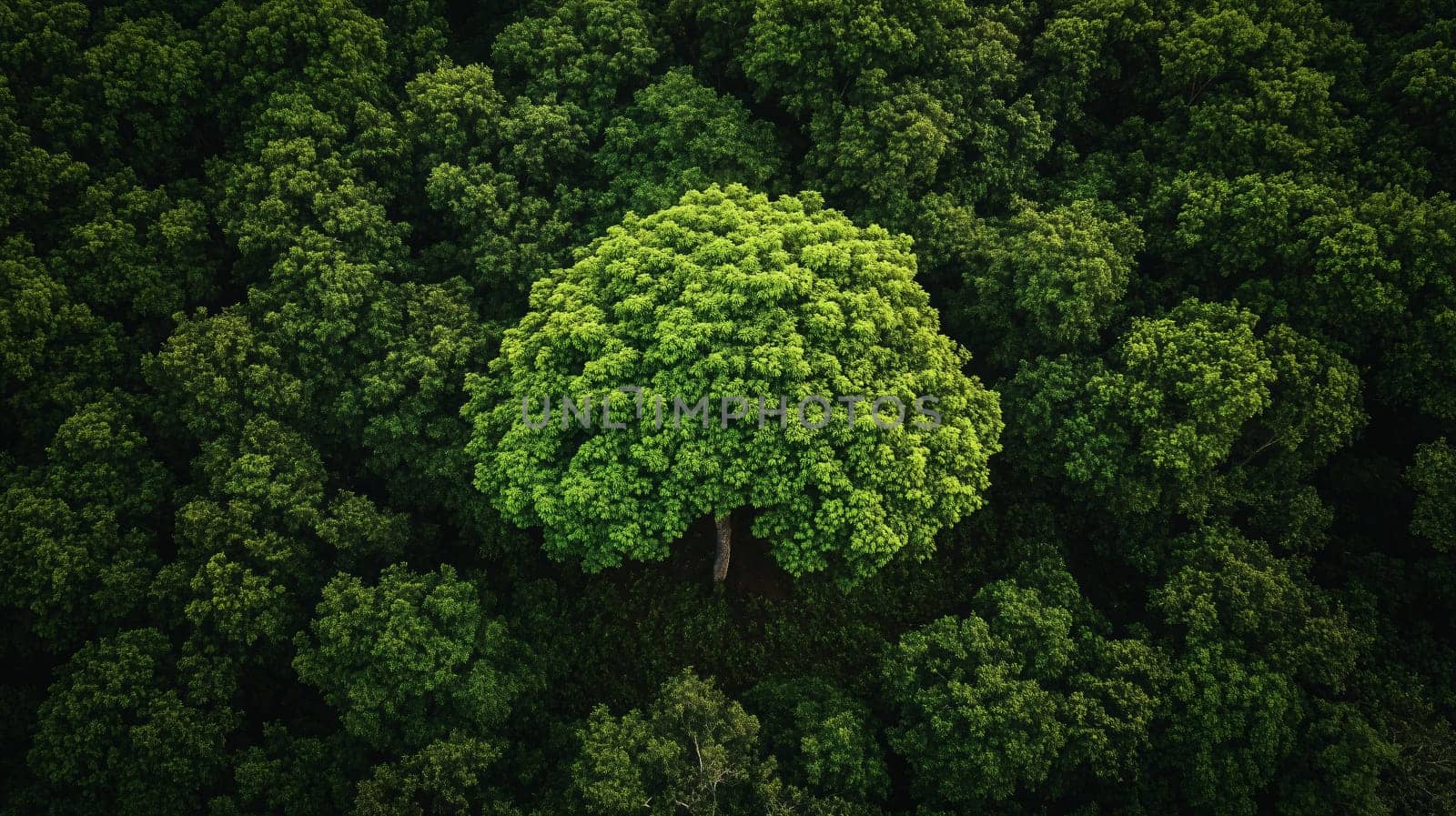 A top-down view of a dense forest canopy with a single, larger tree standing out in the middle, nature background