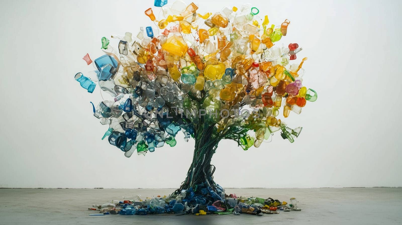Artistic tree installation created entirely from colorful recycled plastic bottles and containers, environmental awareness