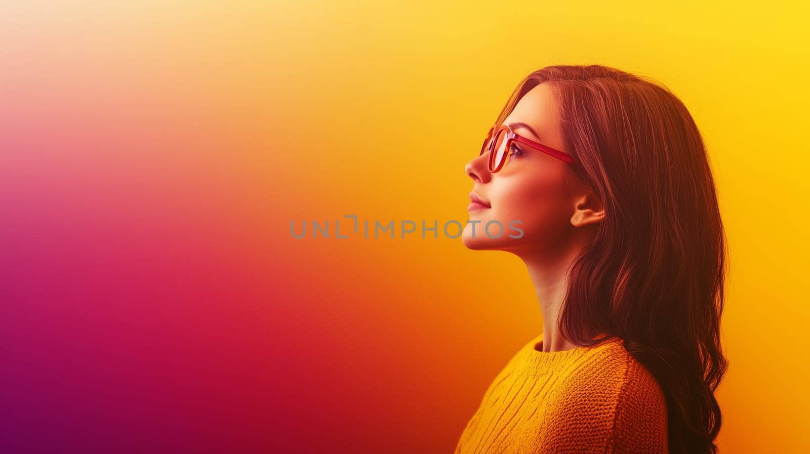 Side view thoughtful young woman with glasses looking away, beautiful trendy girl student posing on vivid yellow studio background, blank copy space