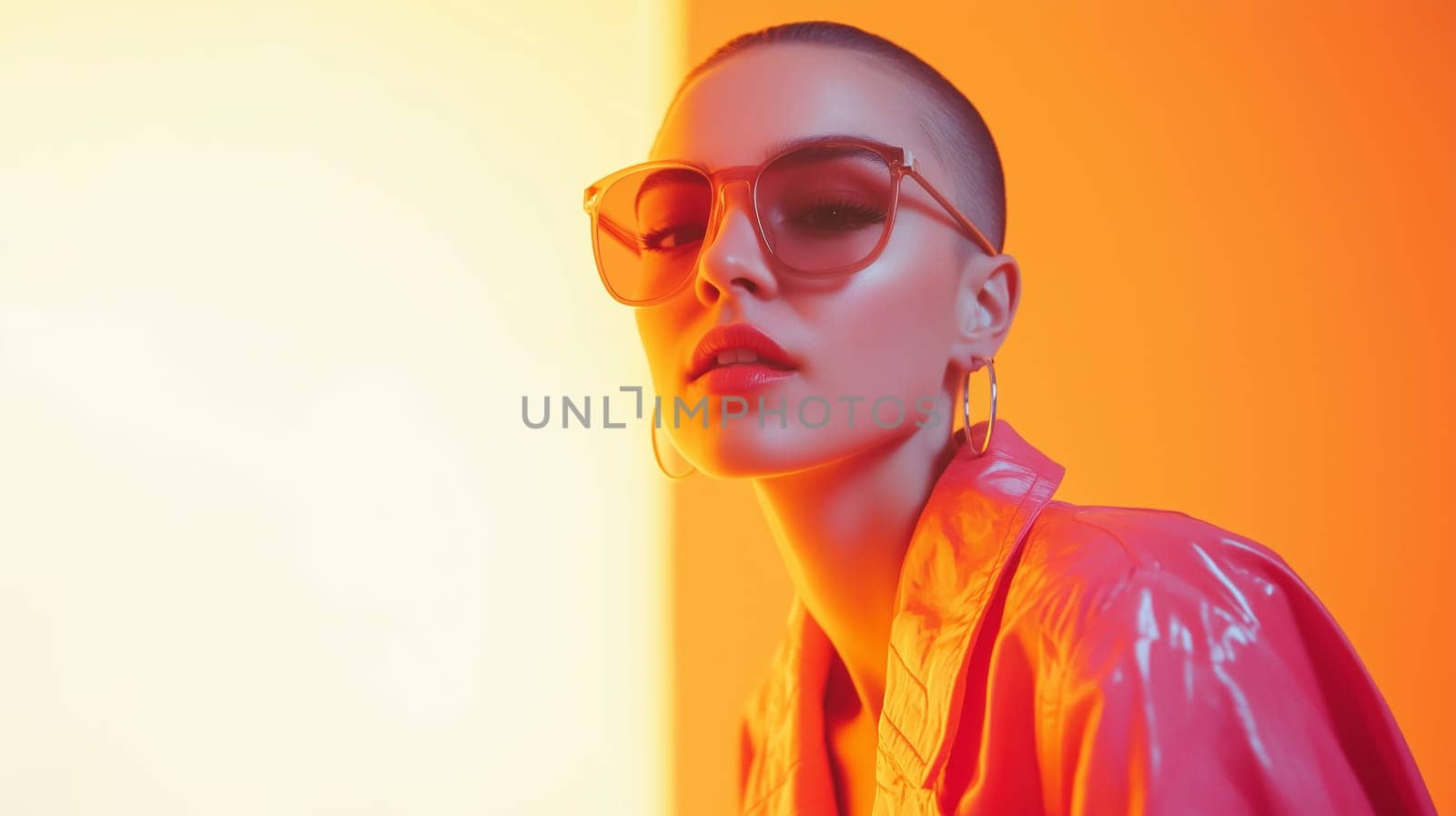 Beauty stylish portrait of fashion young woman with sunglasses, short hair, beautiful trendy girl model posing on vivid yellow studio background