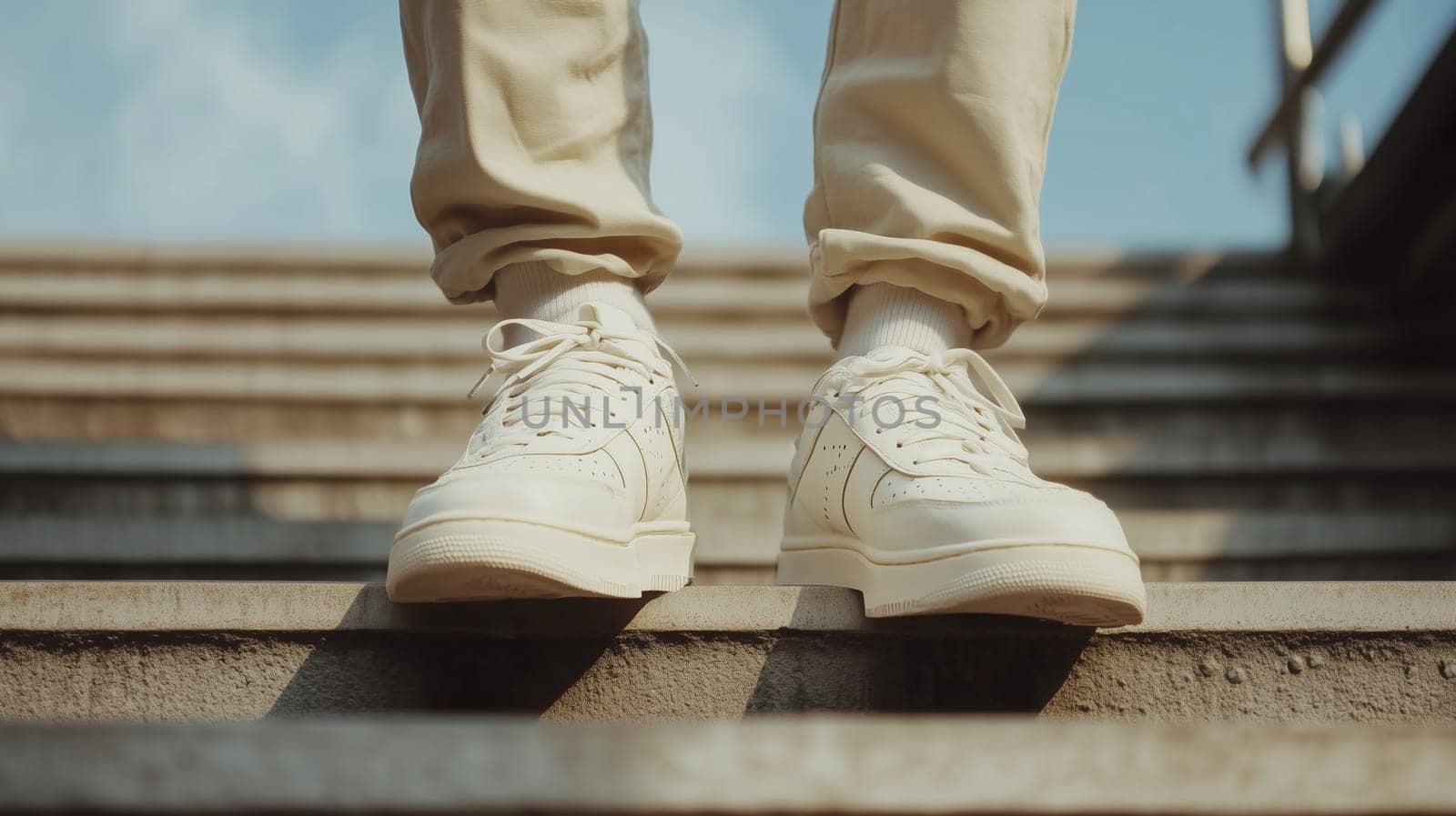 Urban style, close-up male legs with white sneakers on standing on city street